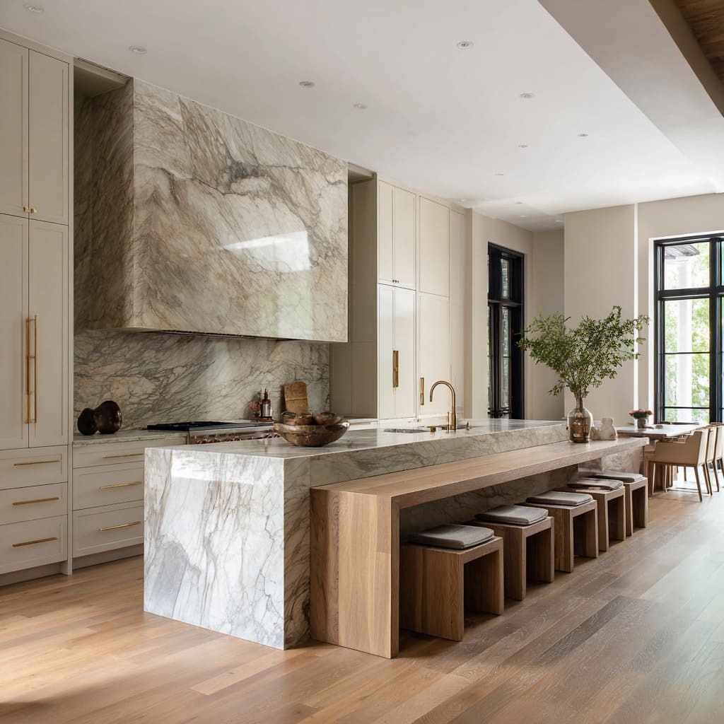A conposition with a long oak console nested under a marble island overhang, lined with square oak stools, brass accents A conposition with a long oak console nested under a marble island overhang, lined with square oak stools, brass accents