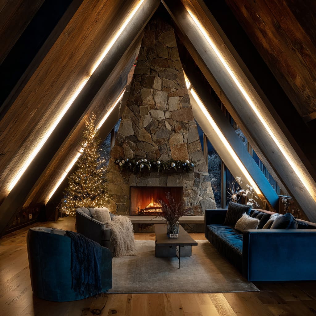 A-frame layout concept with blue velvet seating, cedar garland with silver ornaments, and soft winter lighting A-frame layout concept with blue velvet seating, cedar garland with silver ornaments, and soft winter lighting