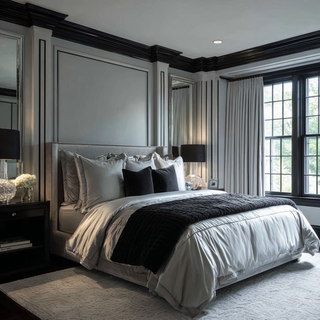 A glam-transitional envelope concept where millwork and textiles trade sheen and shadow A glam-transitional envelope concept where millwork and textiles trade sheen and shadow