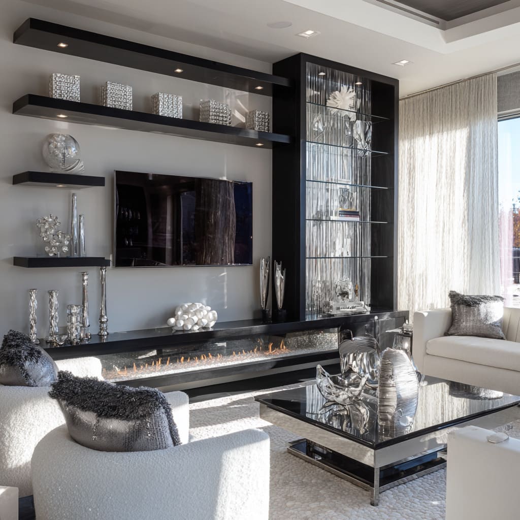 Un muro largo para TV con toque glam en una paleta de negro, plata y blanco Un muro largo para TV con toque glam en una paleta de negro, plata y blanco