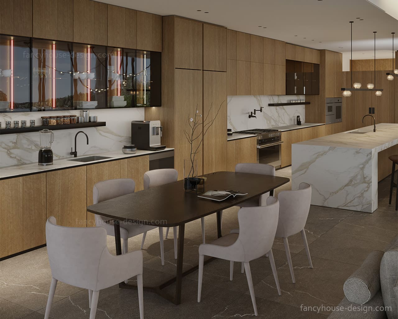 A stylish kitchen design with a family dining area