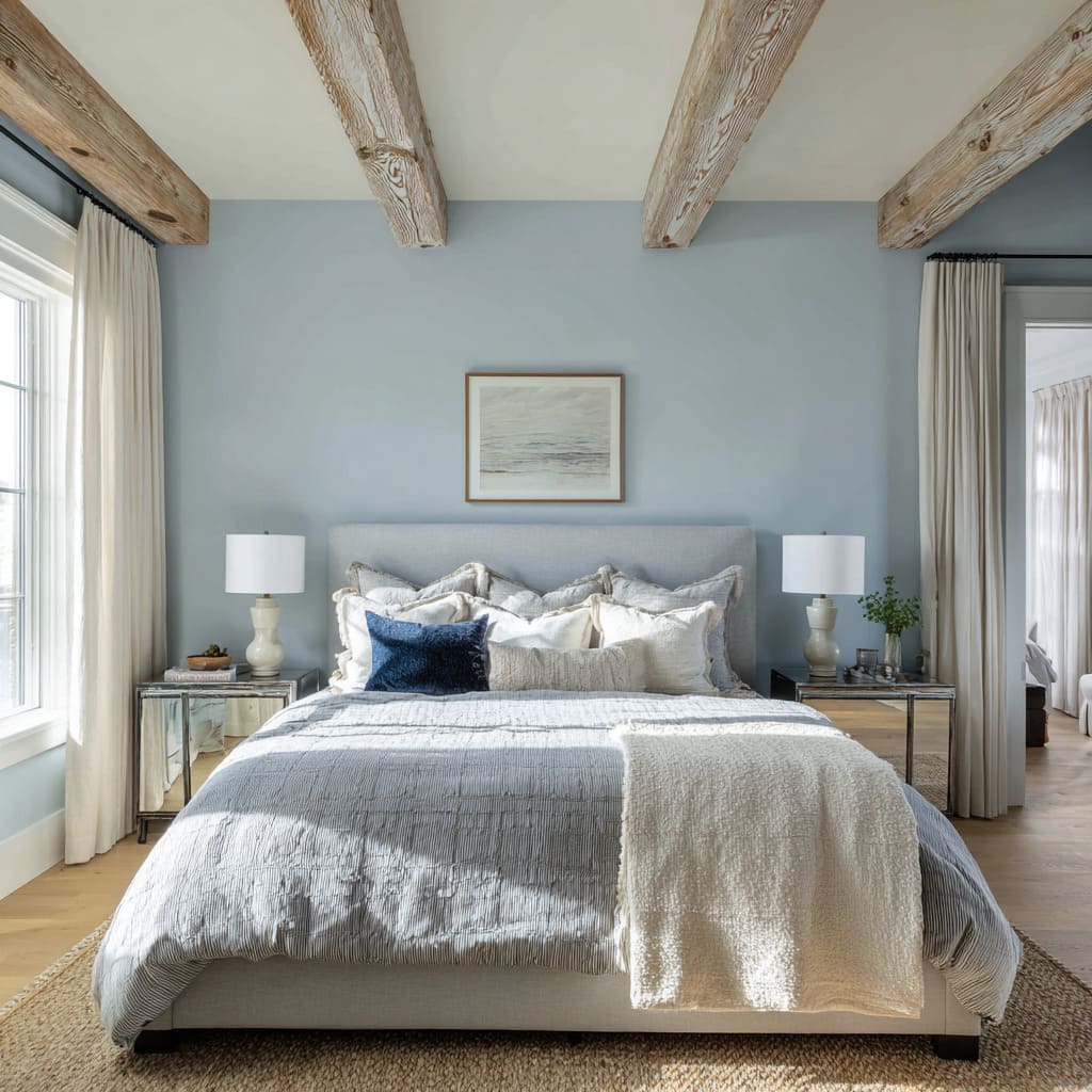 Airy blue and silver bedroom inspo with rustic beams, mirrored nightstands, and serene farmhouse polish Airy blue and silver bedroom inspo with rustic beams, mirrored nightstands, and serene farmhouse polish