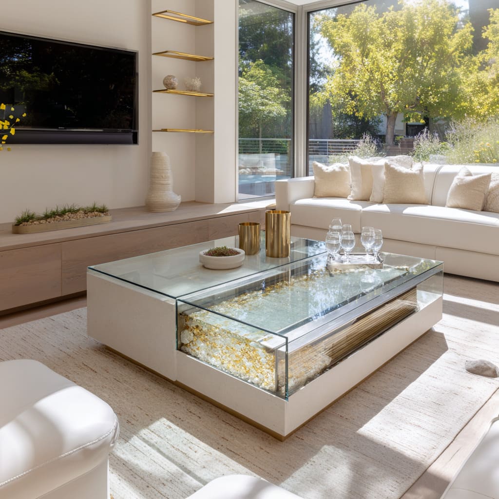 Airy white and oak living room idea with glass vitrine coffee table, brass shelf accents, silver reflections, and small golden decorative pieces Airy white and oak living room idea with glass vitrine coffee table, brass shelf accents, silver reflections, and small golden decorative pieces