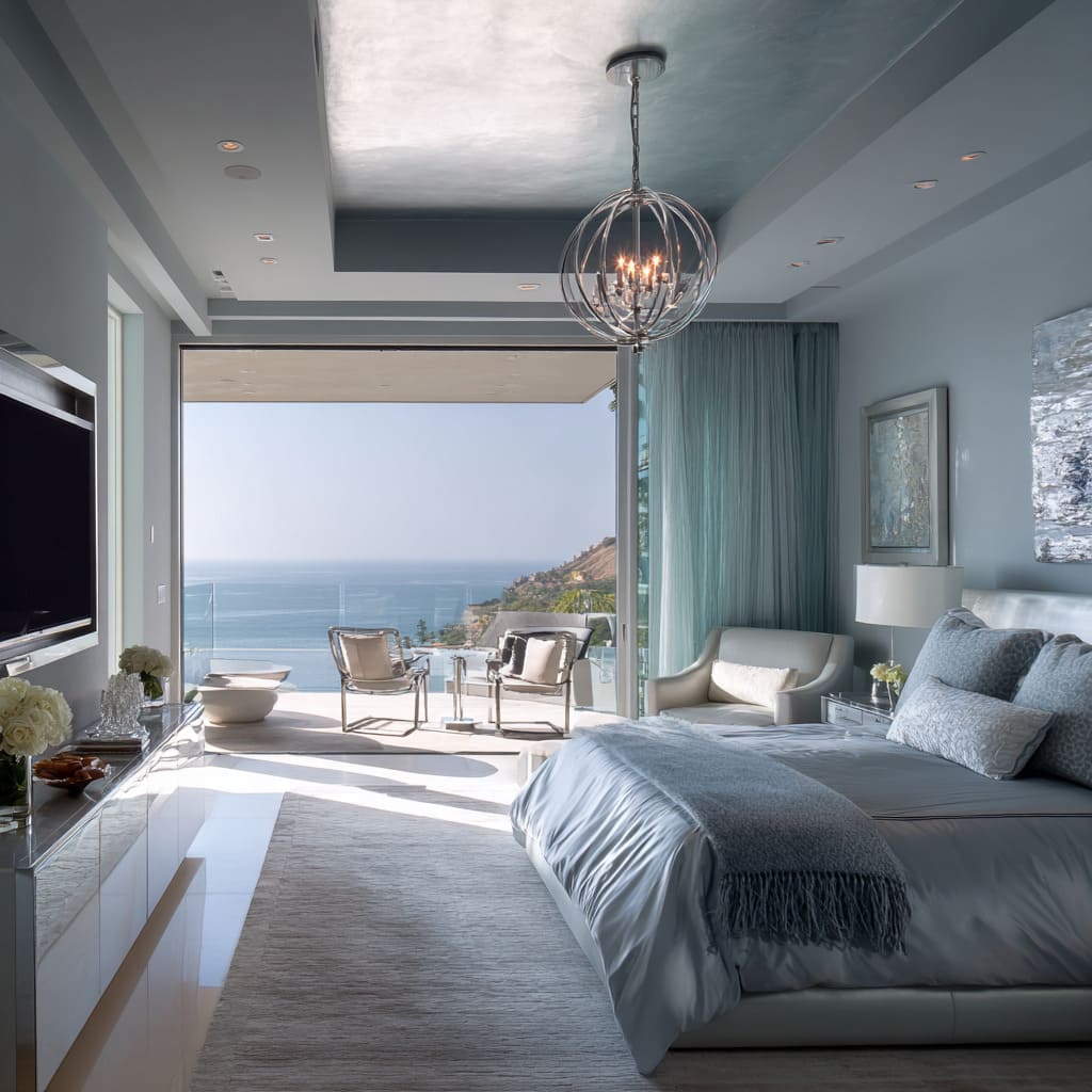 Aqua and silver bedroom inspiration facing ocean view with metallic ceiling and calm layered bedding Aqua and silver bedroom inspiration facing ocean view with metallic ceiling and calm layered bedding