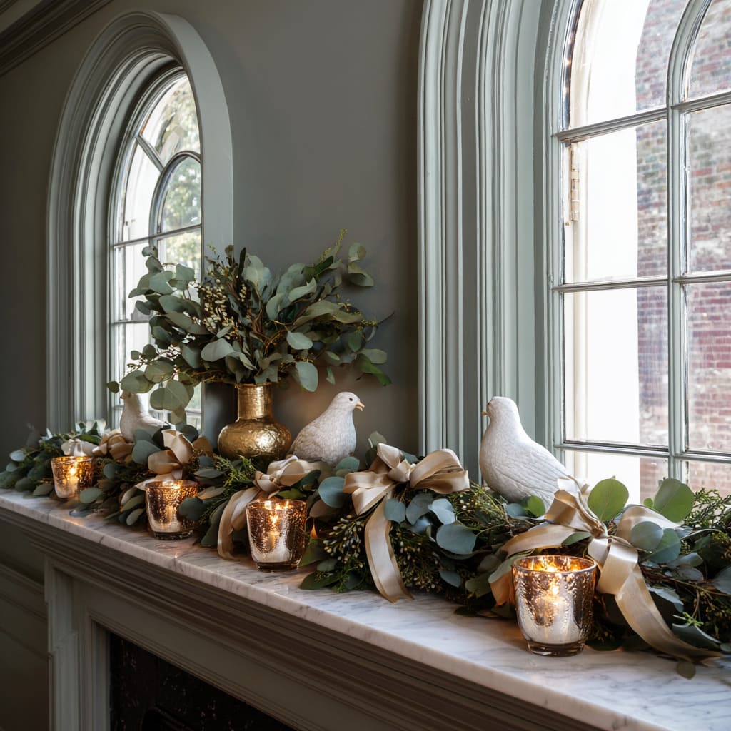 Ventana arqueada en tono verde salvia decorada con guirnalda de eucalipto, lazos dorado suave, portavelas de mercurio y palomas de cerámica para una decoración navideña elegante en el alféizar. Ventana arqueada en tono verde salvia decorada con guirnalda de eucalipto, lazos dorado suave, portavelas de mercurio y palomas de cerámica para una decoración navideña elegante en el alféizar.