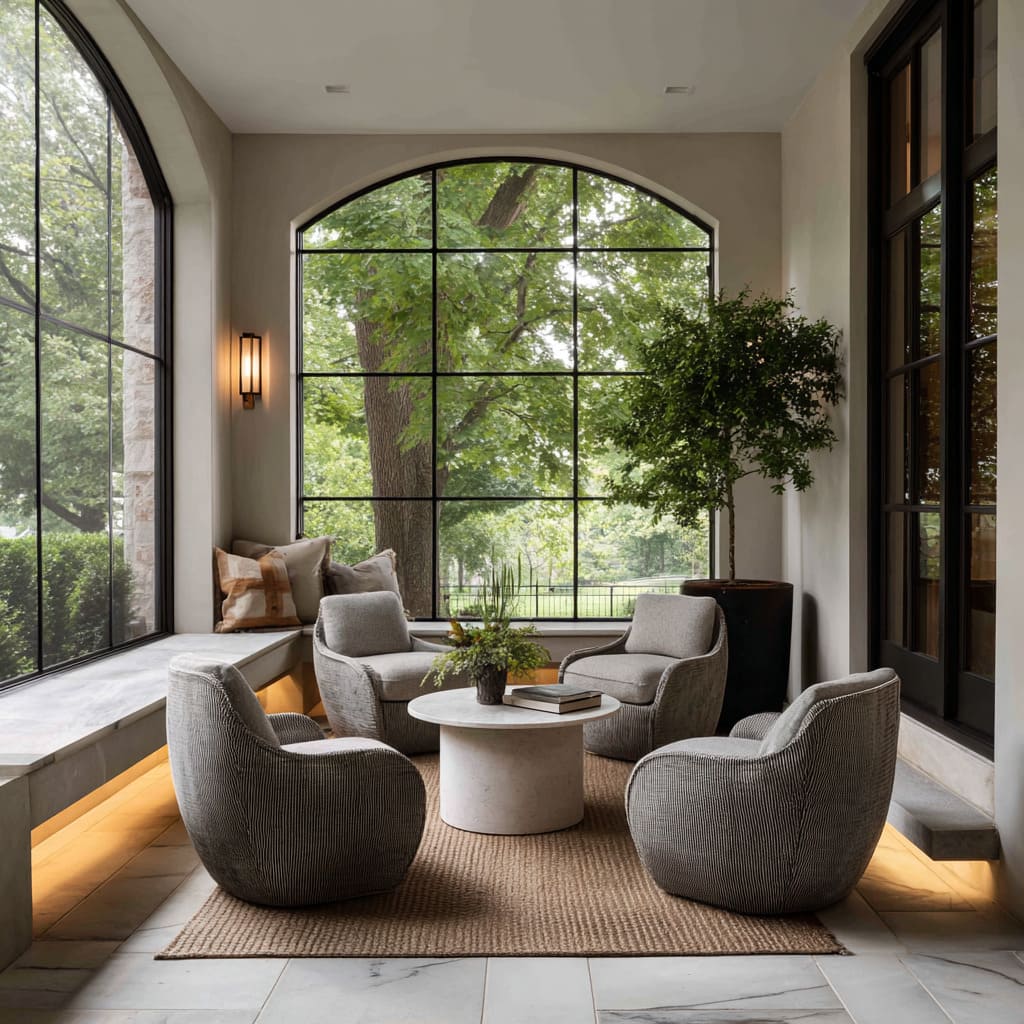 Arched screened porch concept with circular lounge arrangement, curved chairs, glowing window bench, stone table