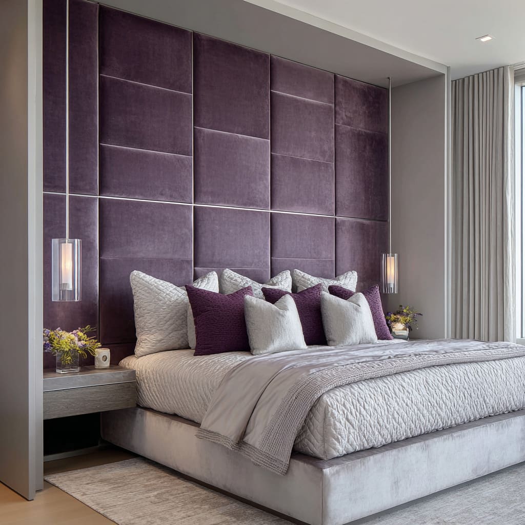 Dormitorio en berenjena y plata con cabecero acolchado en cuadrícula de terciopelo, incrustaciones metálicas y colgantes de vidrio transparente. Dormitorio en berenjena y plata con cabecero acolchado en cuadrícula de terciopelo, incrustaciones metálicas y colgantes de vidrio transparente.