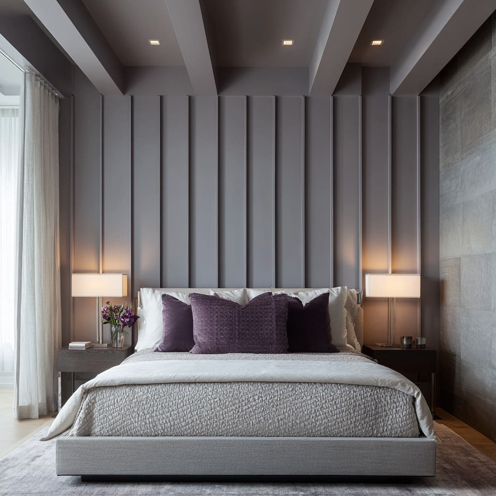 Ideas equilibradas para suite en plata y morado, con listones verticales, cama en gris plata, cojines berenjena y lámparas de pie. Ideas equilibradas para suite en plata y morado, con listones verticales, cama en gris plata, cojines berenjena y lámparas de pie.