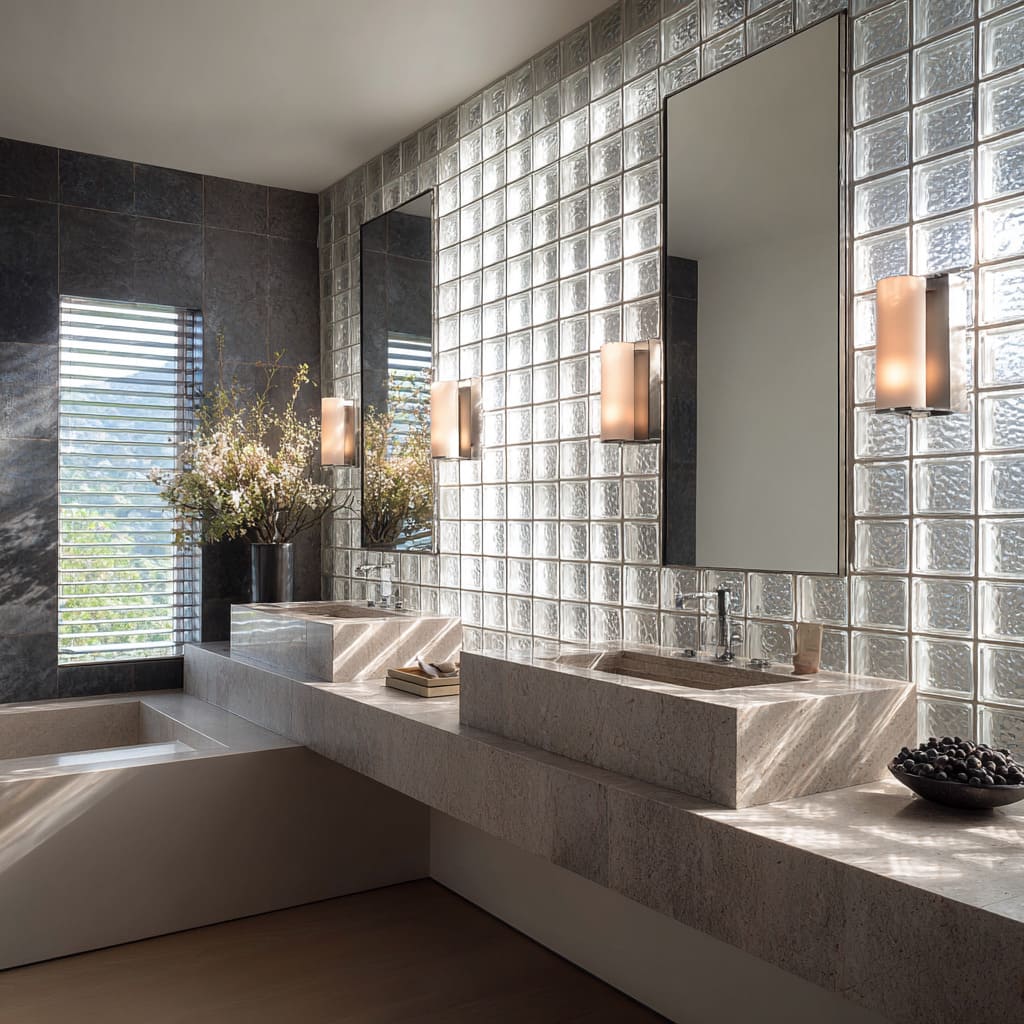 Bathroom concept featuring a dramatic glass block feature wall behind a stepped dark stone vanity with raised rectangular sinks Bathroom concept featuring a dramatic glass block feature wall behind a stepped dark stone vanity with raised rectangular sinks