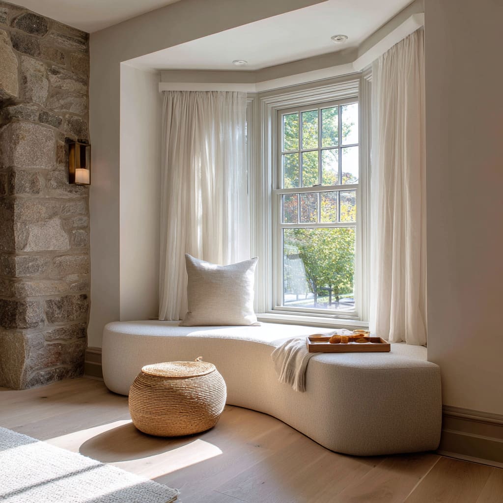 Idea para rincón de dormitorio junto a ventana tipo bay window con banco serpenteante, cortinas vaporosas, cojines discretos y detalle de muro en piedra Idea para rincón de dormitorio junto a ventana tipo bay window con banco serpenteante, cortinas vaporosas, cojines discretos y detalle de muro en piedra