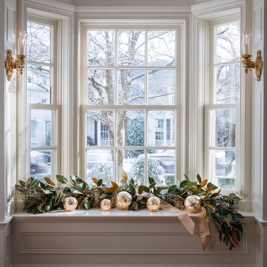 Mirador decorado con guirnalda de hojas de magnolia, portavelas color champán y un lazo de satén en tono almendra para un estilo navideño clásico y sofisticado. Mirador decorado con guirnalda de hojas de magnolia, portavelas color champán y un lazo de satén en tono almendra para un estilo navideño clásico y sofisticado.