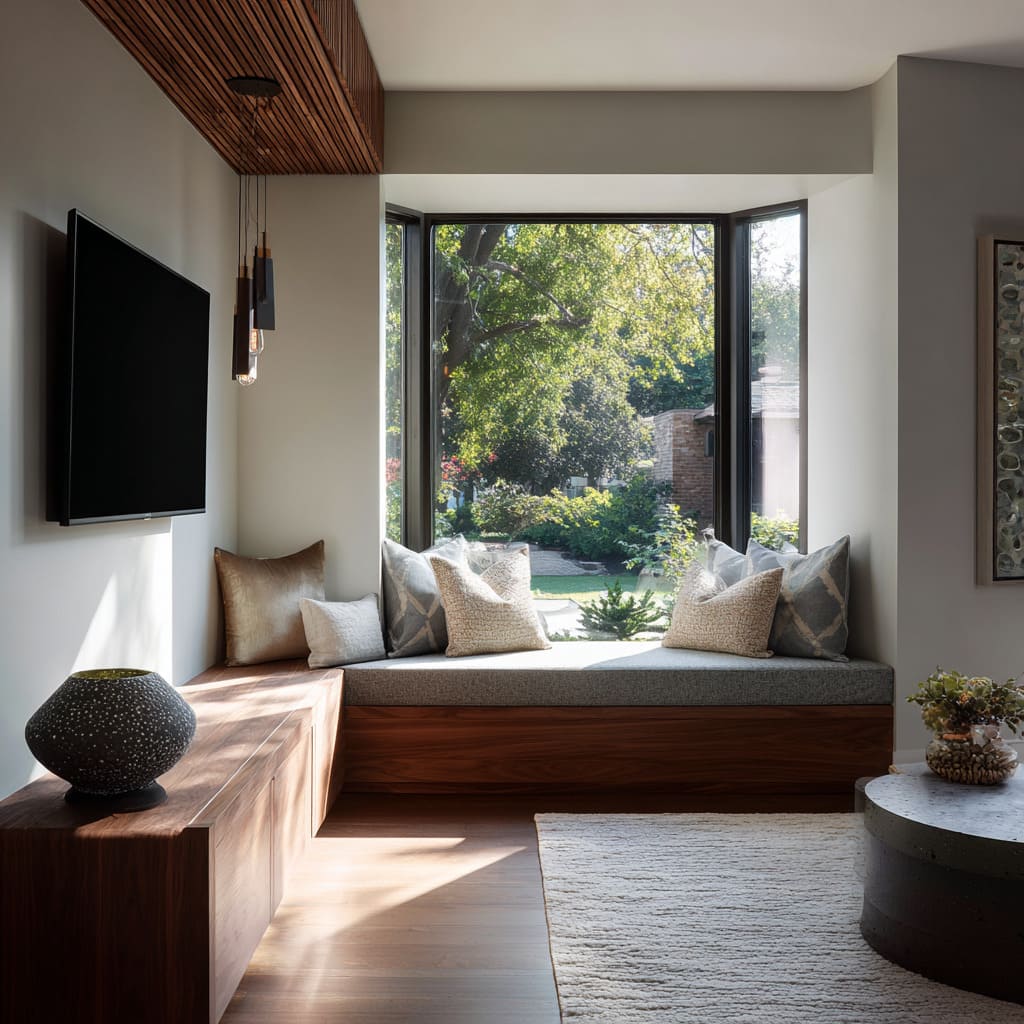 Bay-window lounge concept with walnut seat, gray cushion, soft patterned pillows, side cabinet, sculptural vessel Bay-window lounge concept with walnut seat, gray cushion, soft patterned pillows, side cabinet, sculptural vessel