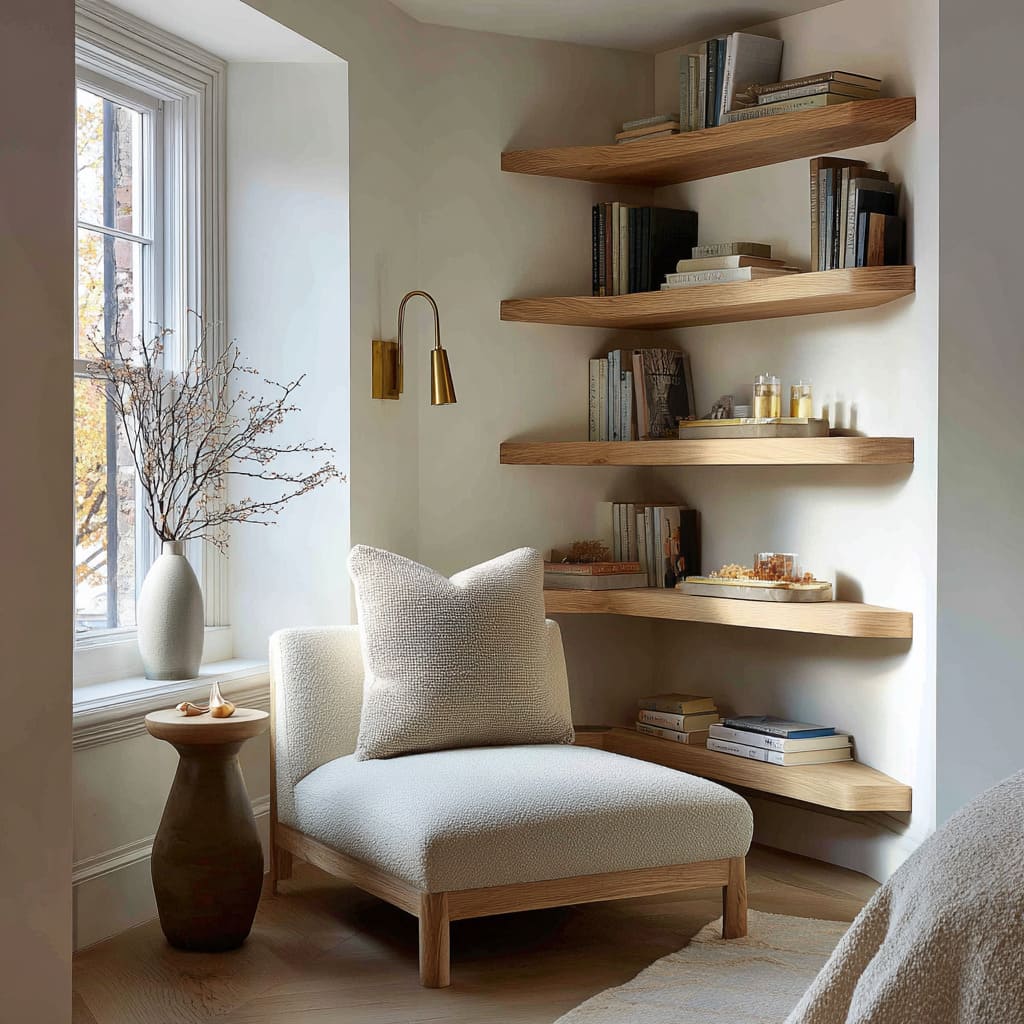 Rincón de lectura en dormitorio con estantes cónicos de roble, butaca marfil, mesa lateral escultórica y luz de lectura en latón Rincón de lectura en dormitorio con estantes cónicos de roble, butaca marfil, mesa lateral escultórica y luz de lectura en latón