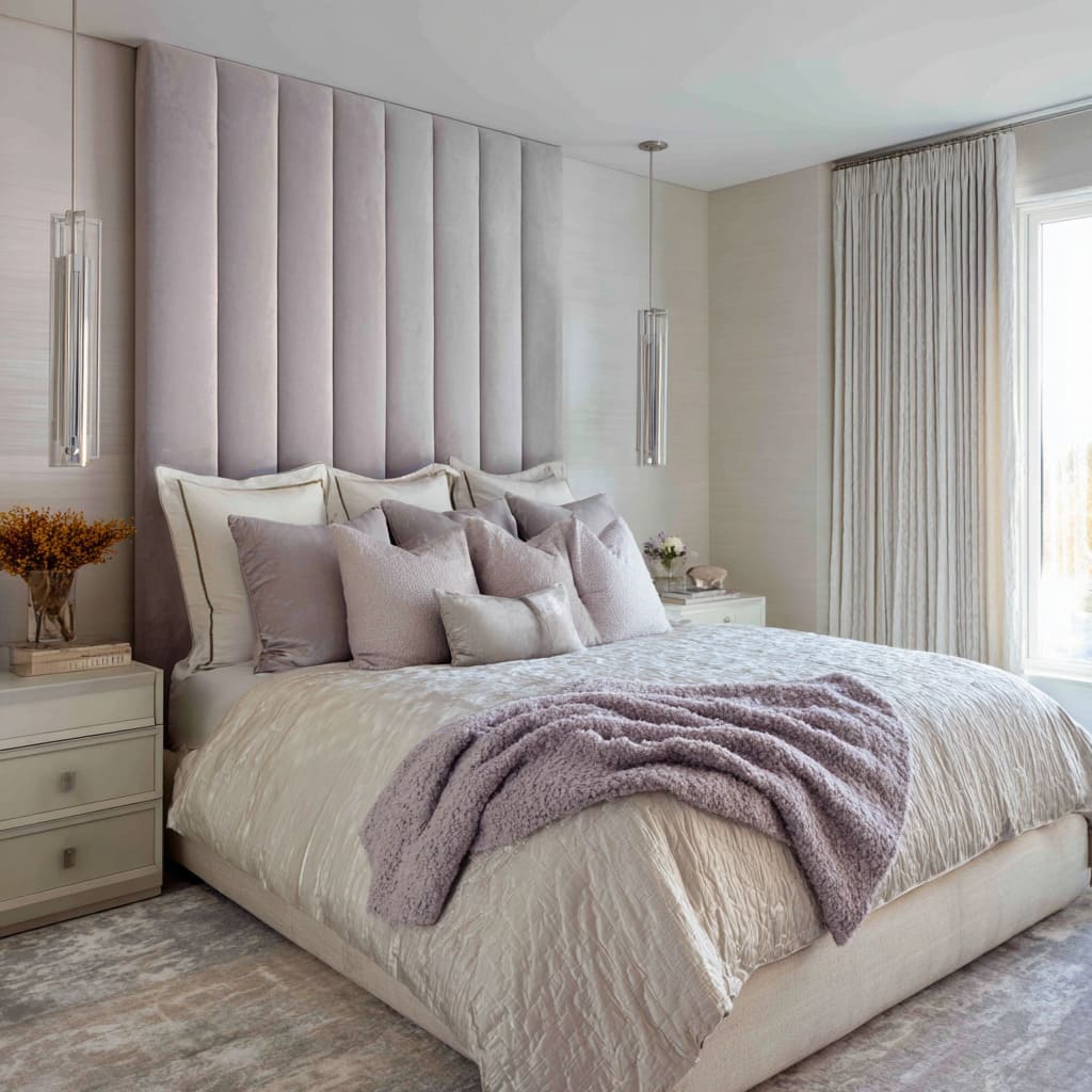 Dormitorio con cabecero alto acanalado, colgantes de cristal y colcha plateada para una calma suave y estructurada. Dormitorio con cabecero alto acanalado, colgantes de cristal y colcha plateada para una calma suave y estructurada.