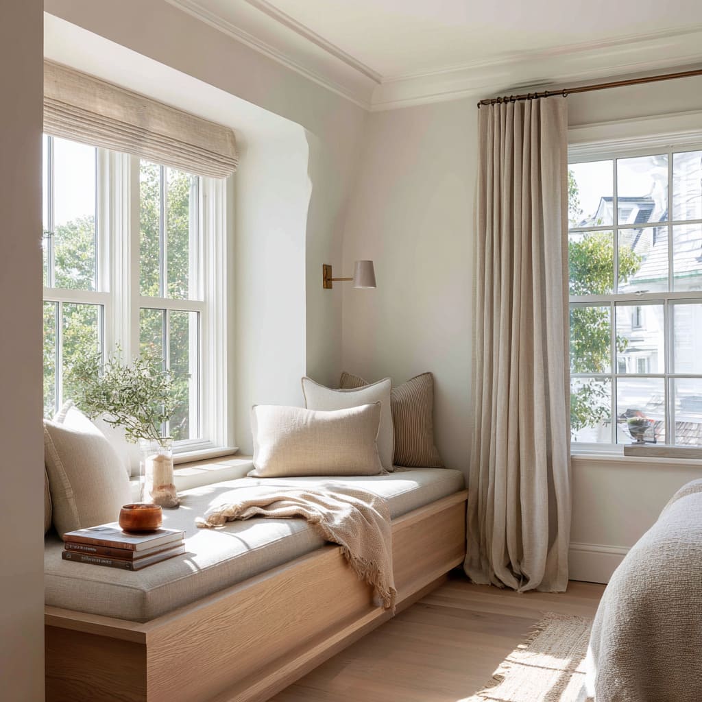 Inspiración de cama-día en hueco de ventana con cojines apilados, estor romano, aplique de latón y acabados suaves en tonos neutros Inspiración de cama-día en hueco de ventana con cojines apilados, estor romano, aplique de latón y acabados suaves en tonos neutros