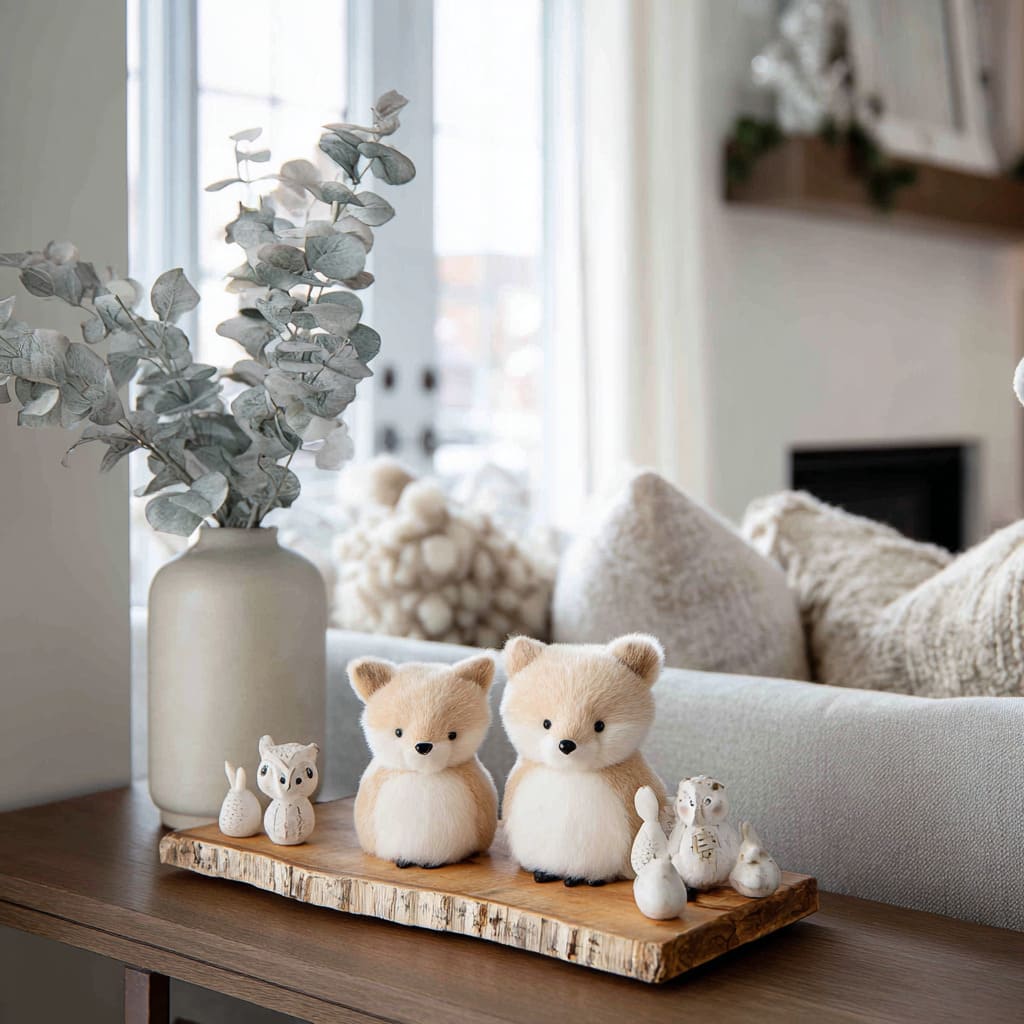 Behind-sofa console display ideas with plush foxes, matte ceramic woodland animals on a wood slice base Behind-sofa console display ideas with plush foxes, matte ceramic woodland animals on a wood slice base