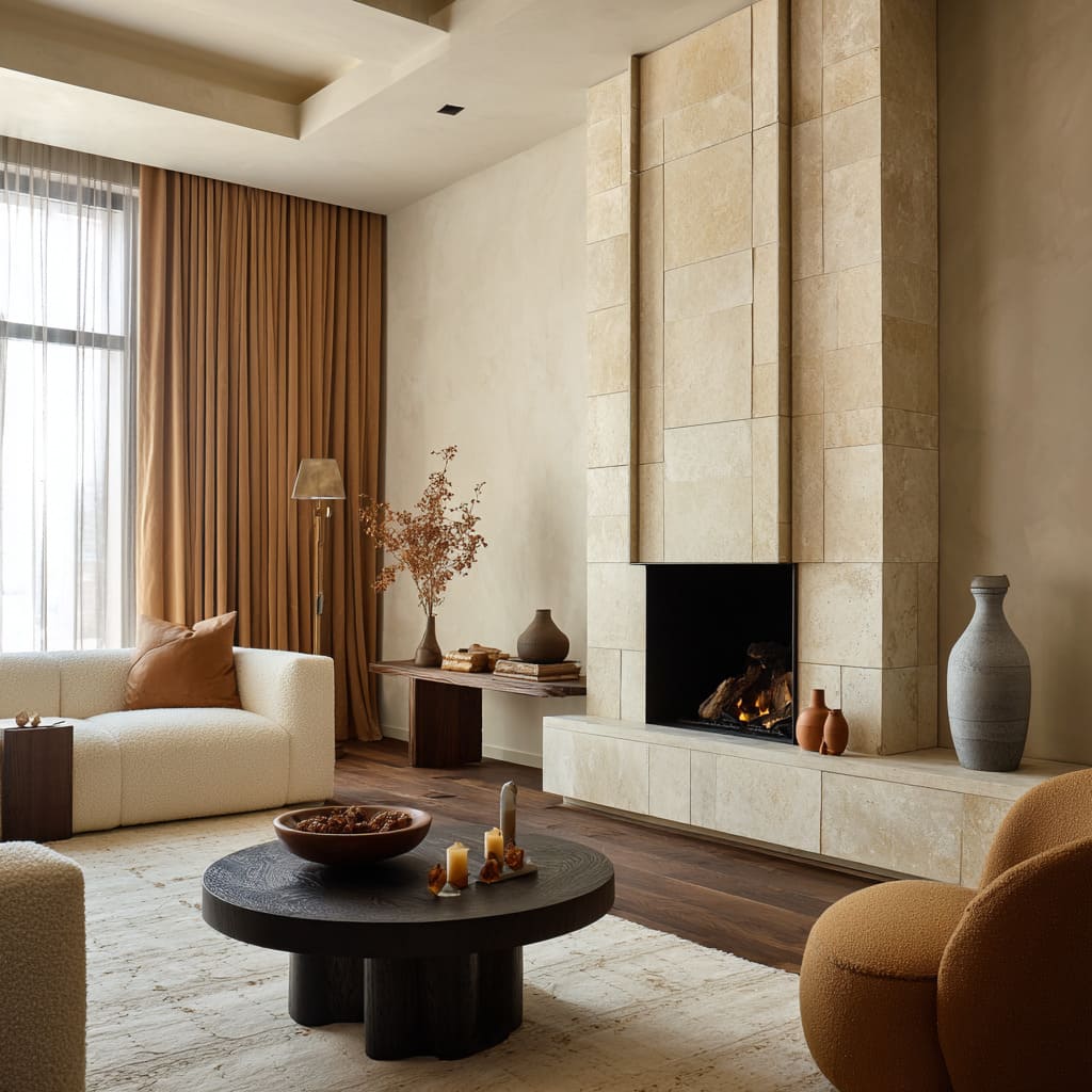 Beige plaster room inspo with limestone fireplace, boucle seating, low dark table, clay vessels, and full drapery Beige plaster room inspo with limestone fireplace, boucle seating, low dark table, clay vessels, and full drapery