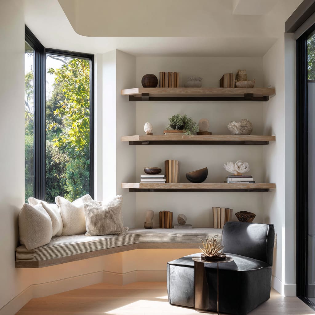 Bench and corner shelves design with bronze brackets, warm under-lighting, balanced ceramics Bench and corner shelves design with bronze brackets, warm under-lighting, balanced ceramics