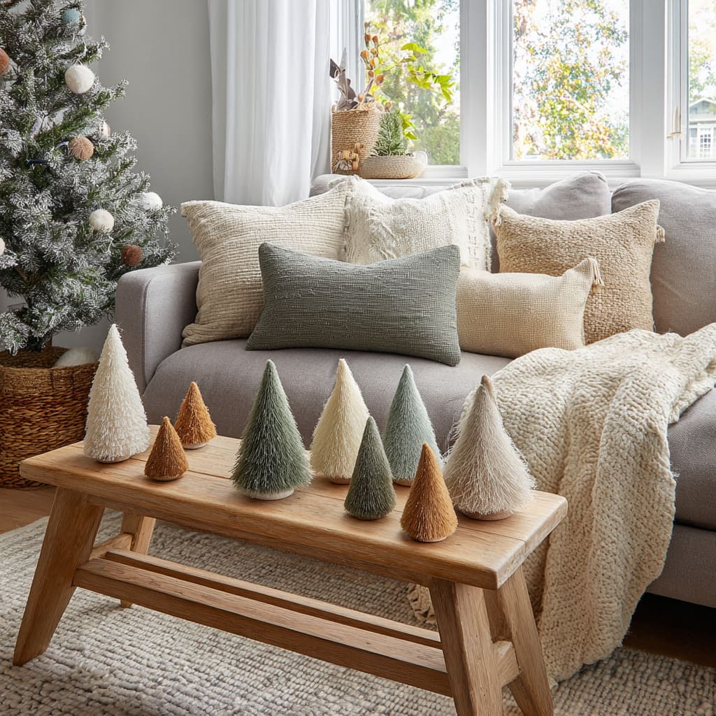 Bench-top forest display of bottle-brush trees in sage and cream tones, neutral sofa with textured pillows and knit throw Bench-top forest display of bottle-brush trees in sage and cream tones, neutral sofa with textured pillows and knit throw