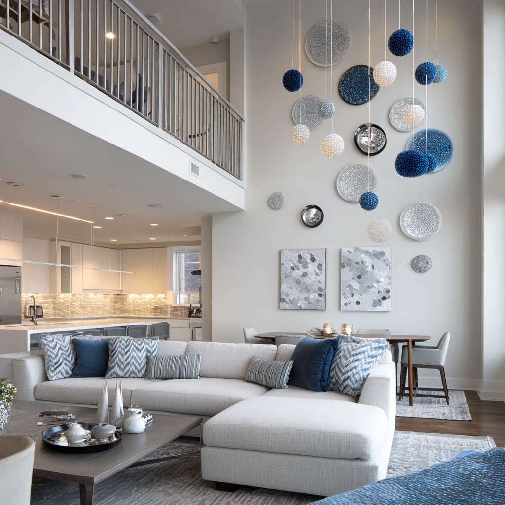 Big hanging blue and silver spheres, circular wall reliefs, and minimalist grey sectional creating sculptural Christmas decor Big hanging blue and silver spheres, circular wall reliefs, and minimalist grey sectional creating sculptural Christmas decor