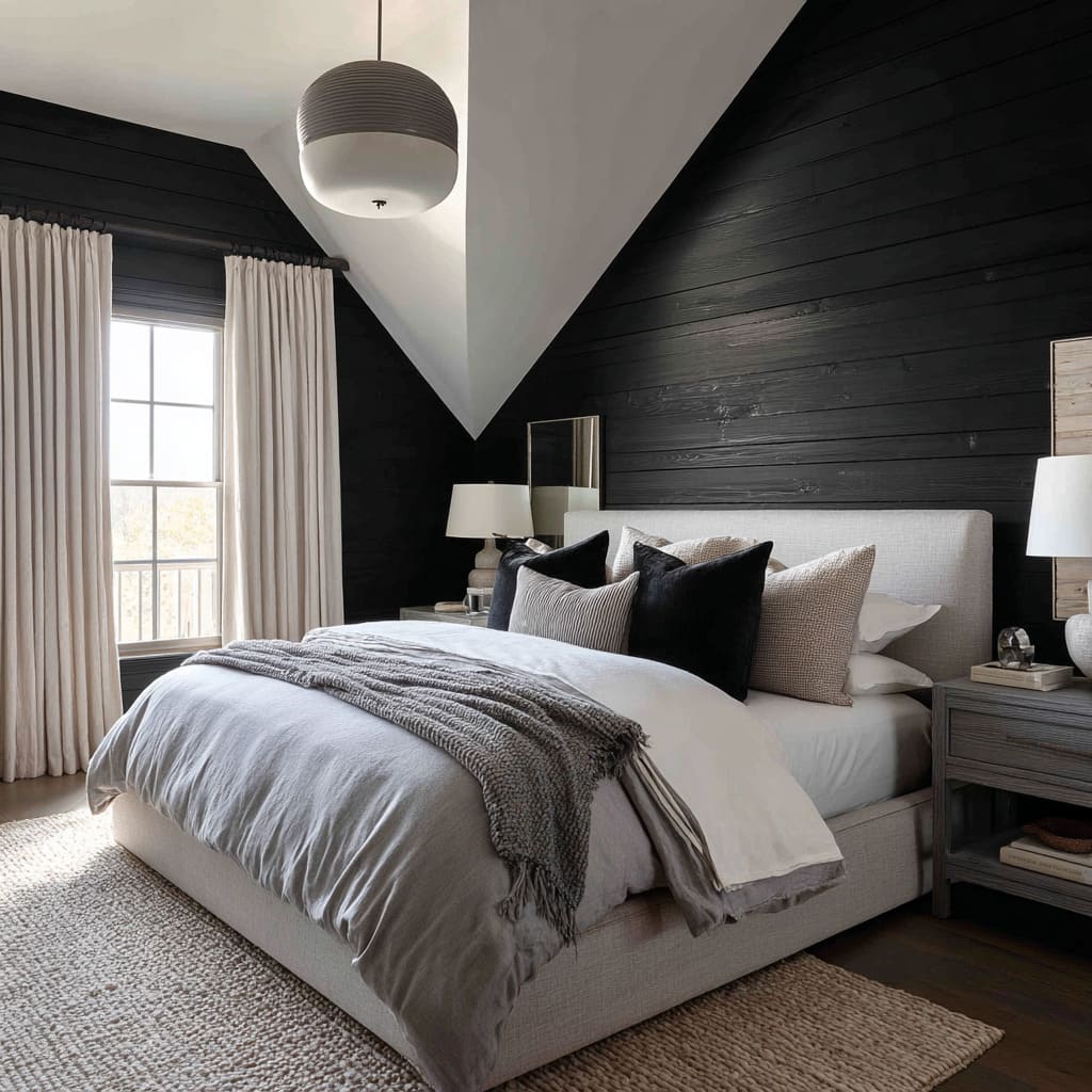 Black and silver bedroom design with charcoal board wall, triangular white ceiling accent, layered grey bedding Black and silver bedroom design with charcoal board wall, triangular white ceiling accent, layered grey bedding