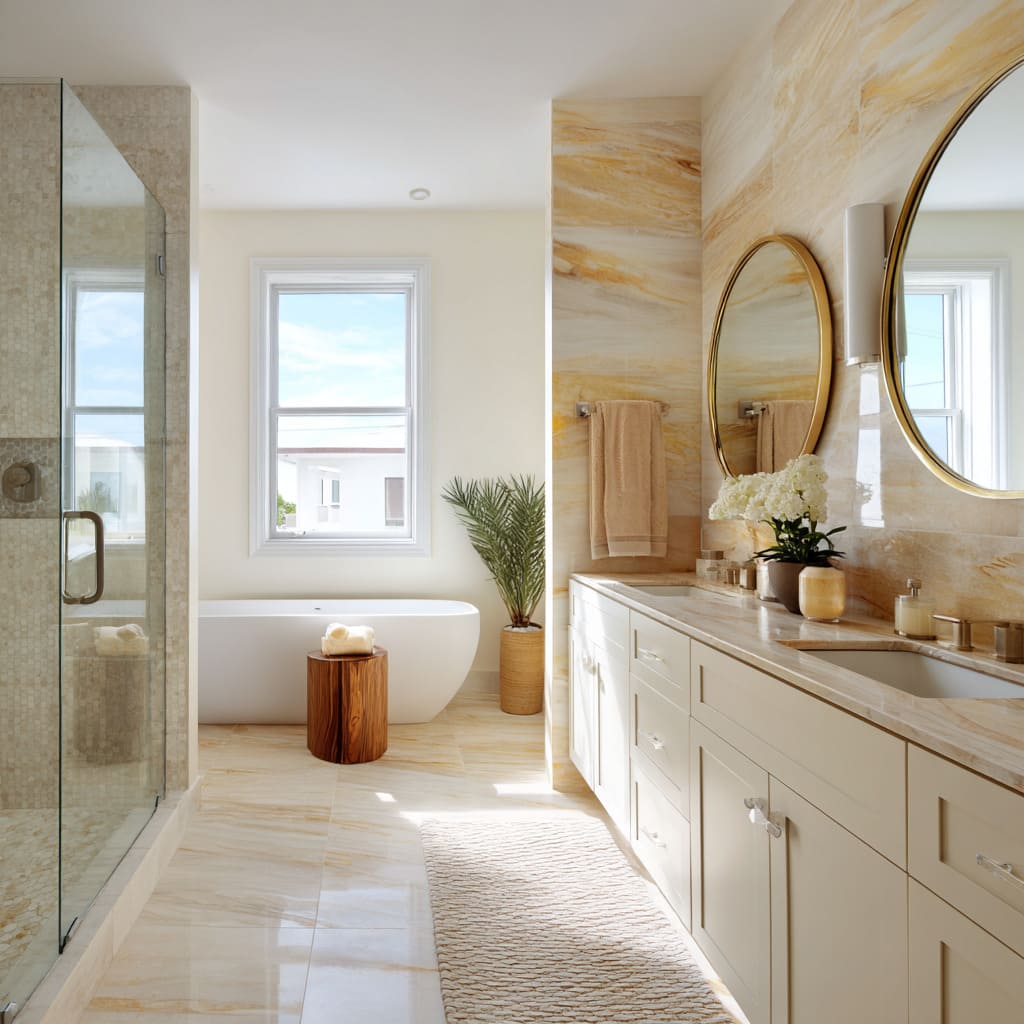 Bleached-dune bathroom concept with golden sand veining and sculptural tub Bleached-dune bathroom concept with golden sand veining and sculptural tub