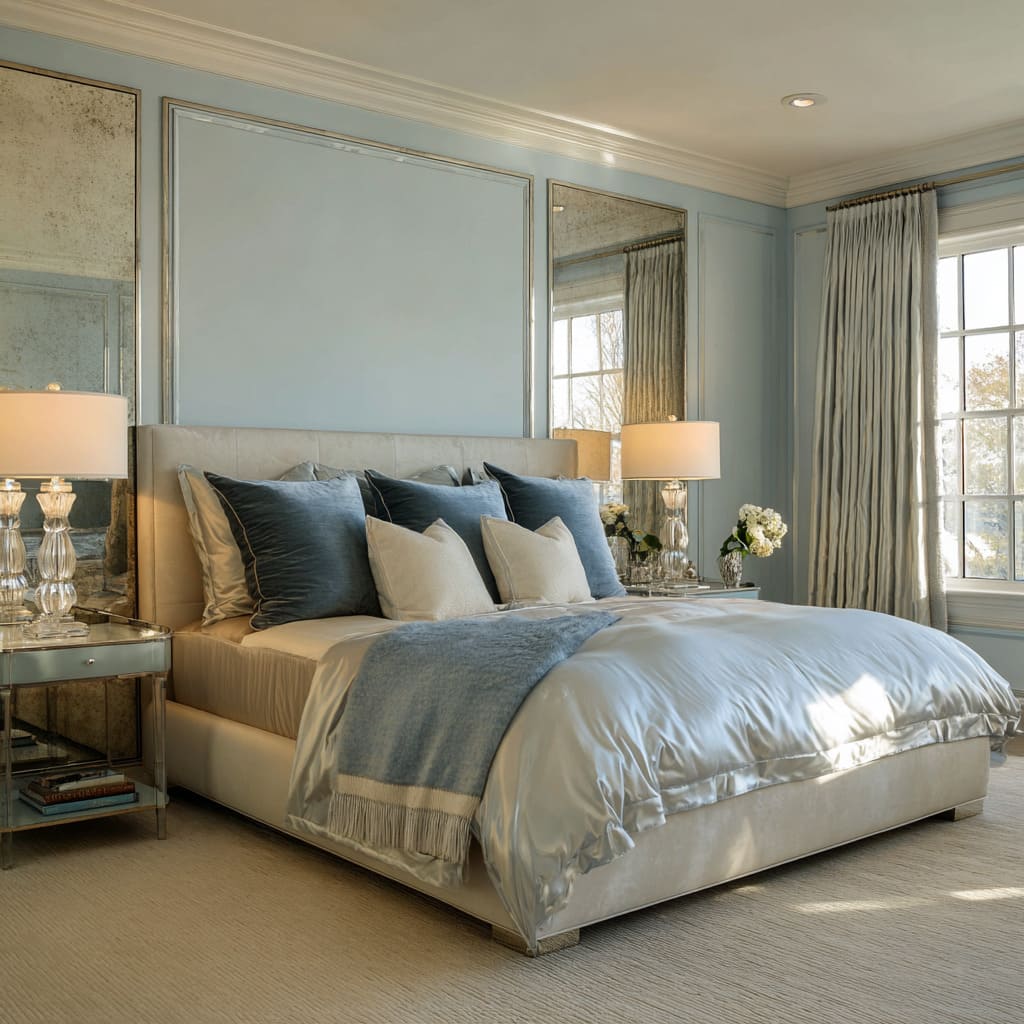 Blue and silver bedroom styling with mirror-paneled wall, navy pillows, and luminous satin bedding Blue and silver bedroom styling with mirror-paneled wall, navy pillows, and luminous satin bedding
