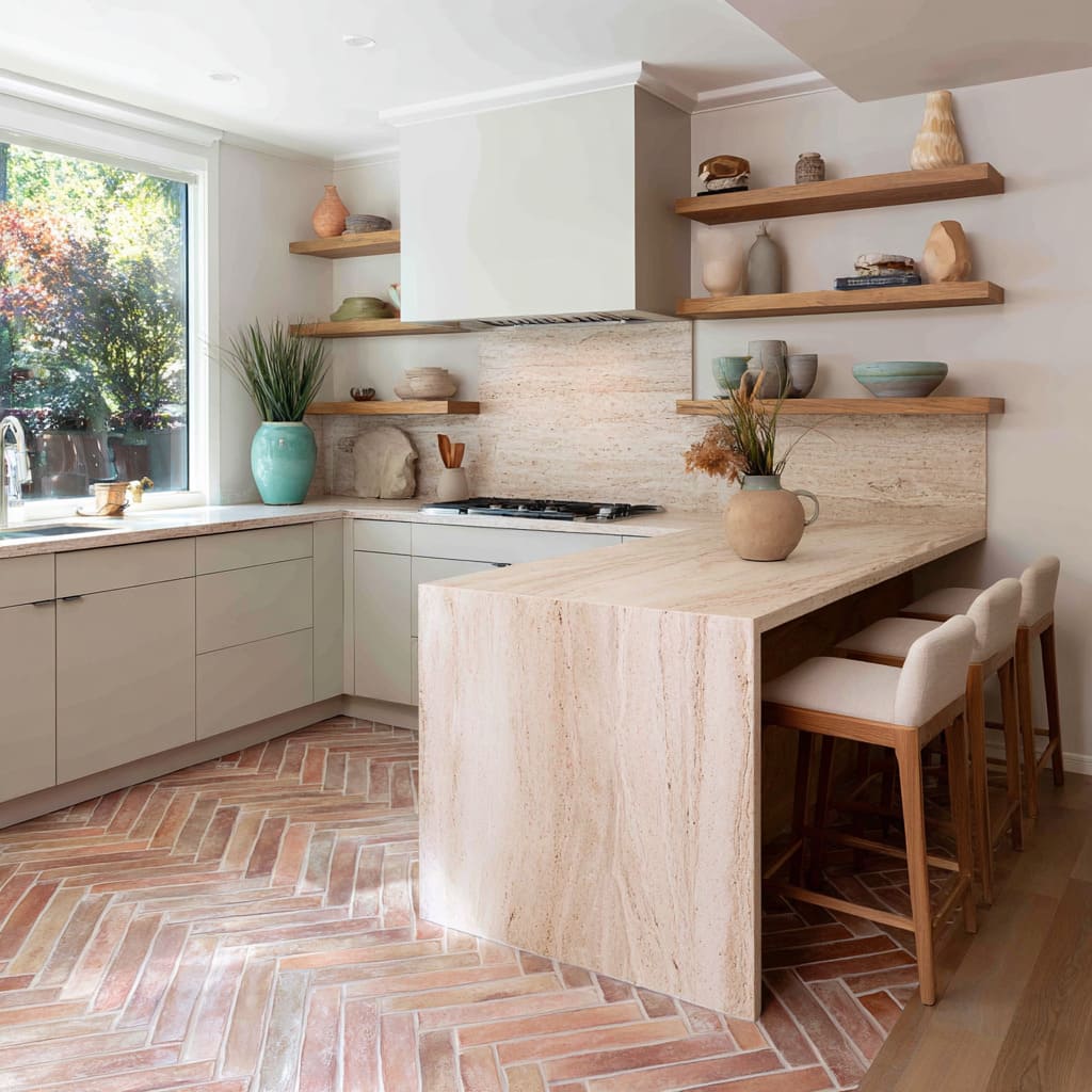 Blush herringbone terracotta floor concept with travertine peninsula and soft greige cabinets Blush herringbone terracotta floor concept with travertine peninsula and soft greige cabinets