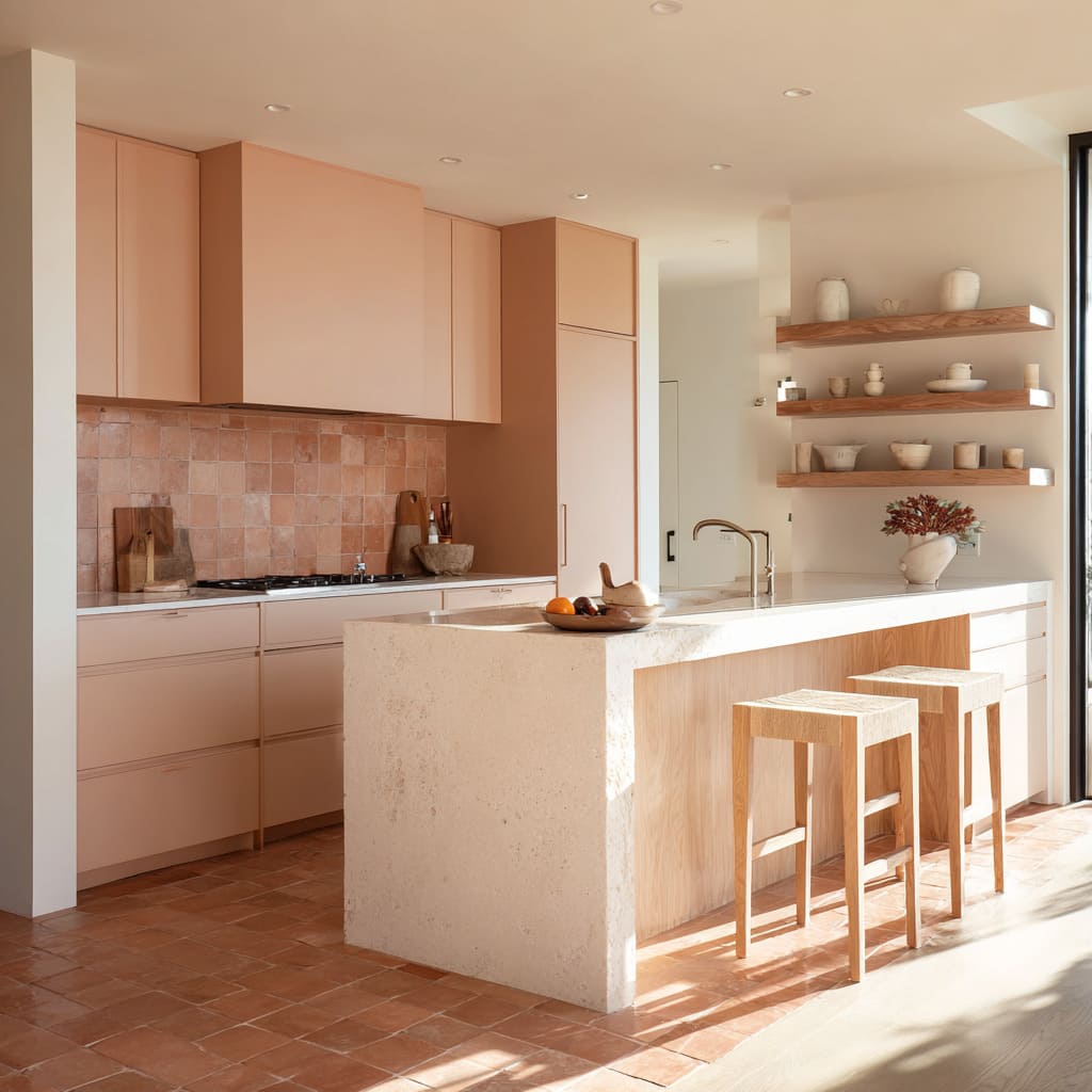 Ideas de cocina en terracota rosada con suelo y muebles en tono arcilla, isla en piedra clara tipo cascada con incrustación de madera y taburetes de madera delgados Ideas de cocina en terracota rosada con suelo y muebles en tono arcilla, isla en piedra clara tipo cascada con incrustación de madera y taburetes de madera delgados