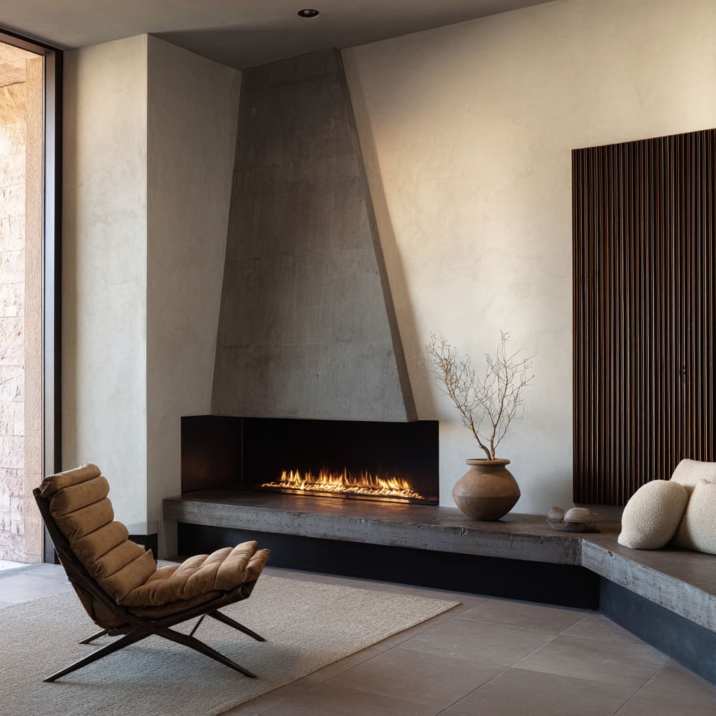 Diseño de chimenea en esquina en concreto encofrado con revestimiento de acero, banco en forma de L, detalles en arcilla y pared de madera con listones Diseño de chimenea en esquina en concreto encofrado con revestimiento de acero, banco en forma de L, detalles en arcilla y pared de madera con listones