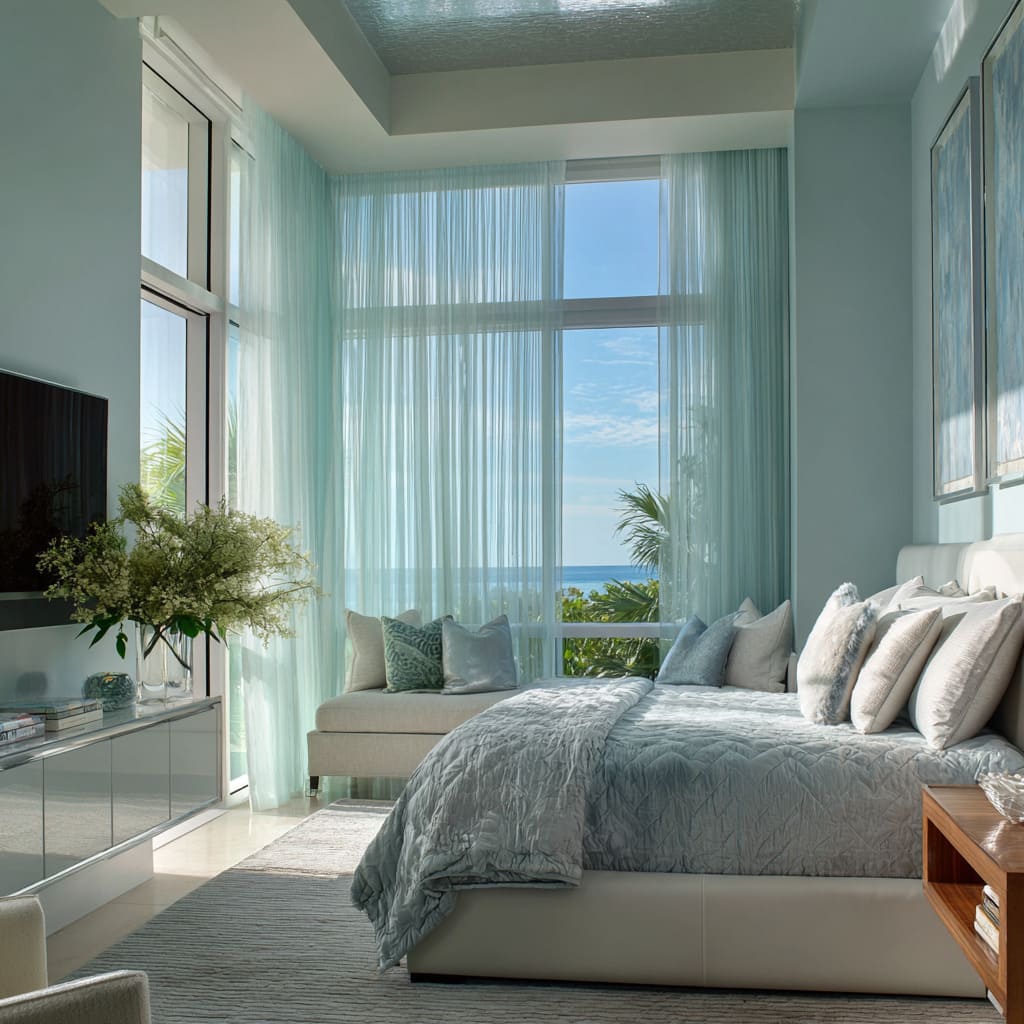 Bold silver-leaf ceiling and blue-tinted glass bedroom design with pearl bed and reflective media cabinet Bold silver-leaf ceiling and blue-tinted glass bedroom design with pearl bed and reflective media cabinet
