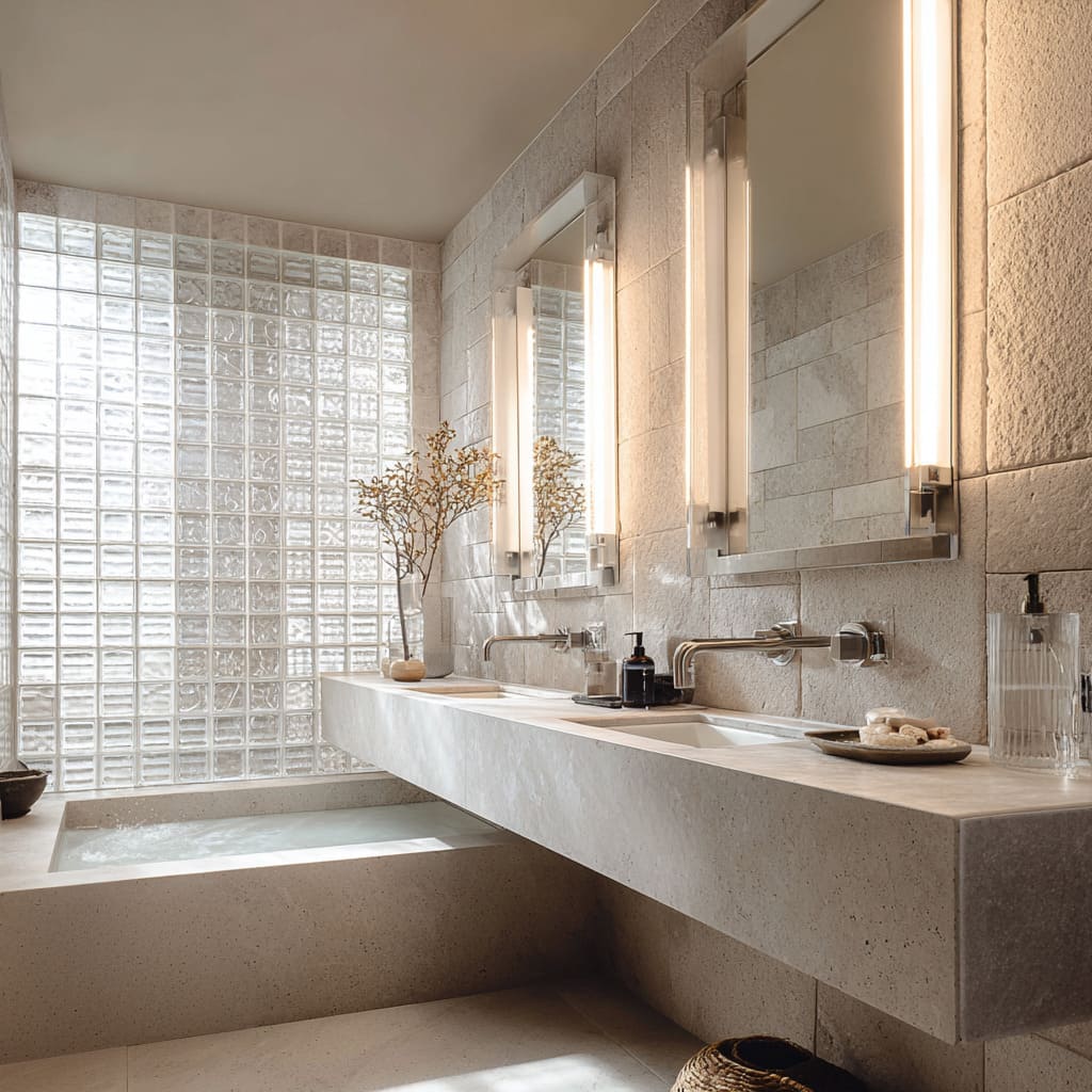 Bright bathroom design with a full glass block end wall behind a recessed tub, floating stone vanity, tall mirrors framed by vertical light bars Bright bathroom design with a full glass block end wall behind a recessed tub, floating stone vanity, tall mirrors framed by vertical light bars