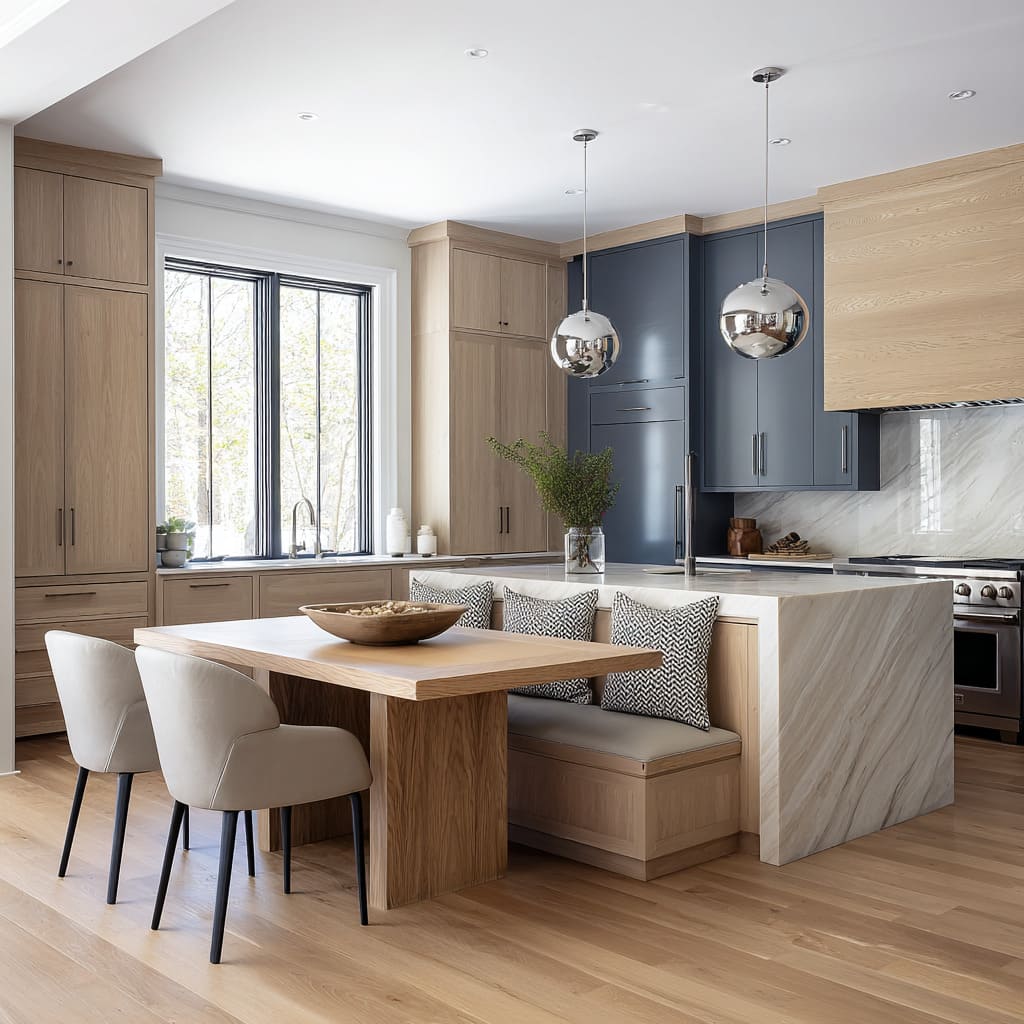 Bright kitchen design with a creamy veined stone island, square oak pedestal table, oak banquette with zigzag pillows, sand-toned dining chairs Bright kitchen design with a creamy veined stone island, square oak pedestal table, oak banquette with zigzag pillows, sand-toned dining chairs