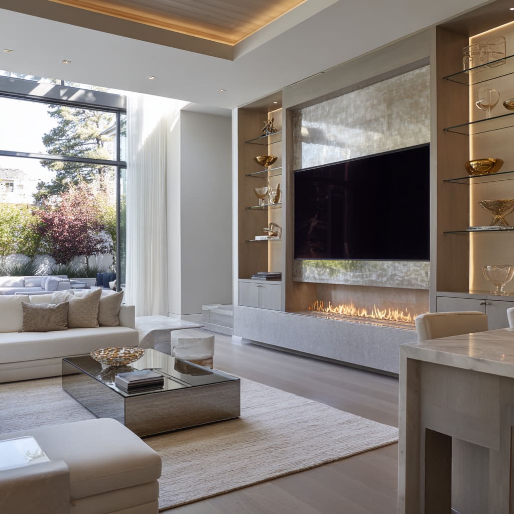 Bright layered media wall design in silver and gold with iridescent shell panel, champagne metal trim, back-lit glass shelves Bright layered media wall design in silver and gold with iridescent shell panel, champagne metal trim, back-lit glass shelves