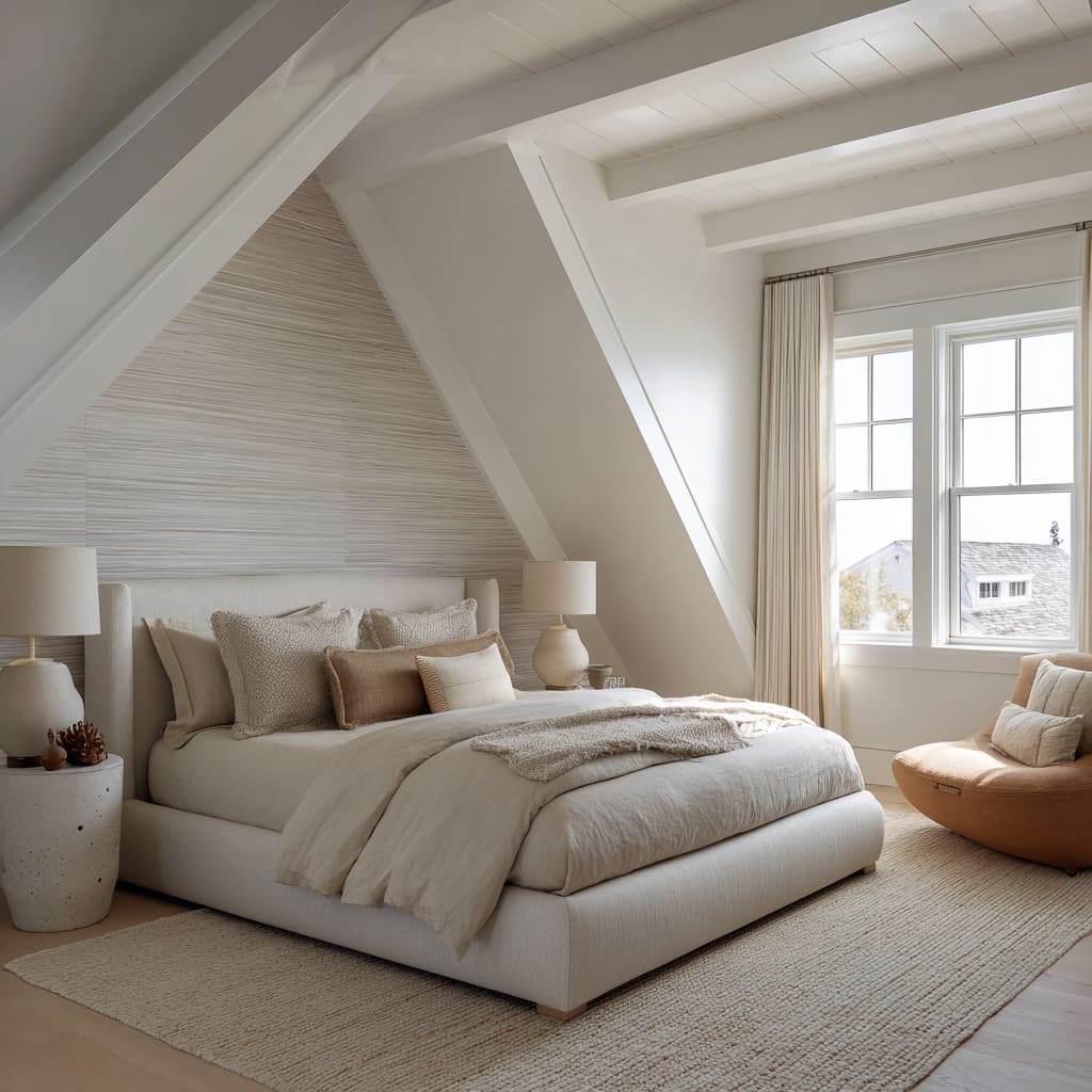 Bright sand loft bedroom design with white rafters, light woven rug, creamy platform bed, stone-inspired textures Bright sand loft bedroom design with white rafters, light woven rug, creamy platform bed, stone-inspired textures