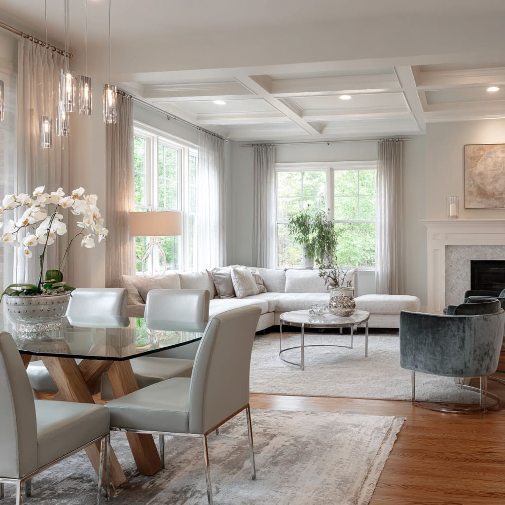 Bright transitional silver and grey interior design with coffered ceiling, ivory sofa Bright transitional silver and grey interior design with coffered ceiling, ivory sofa