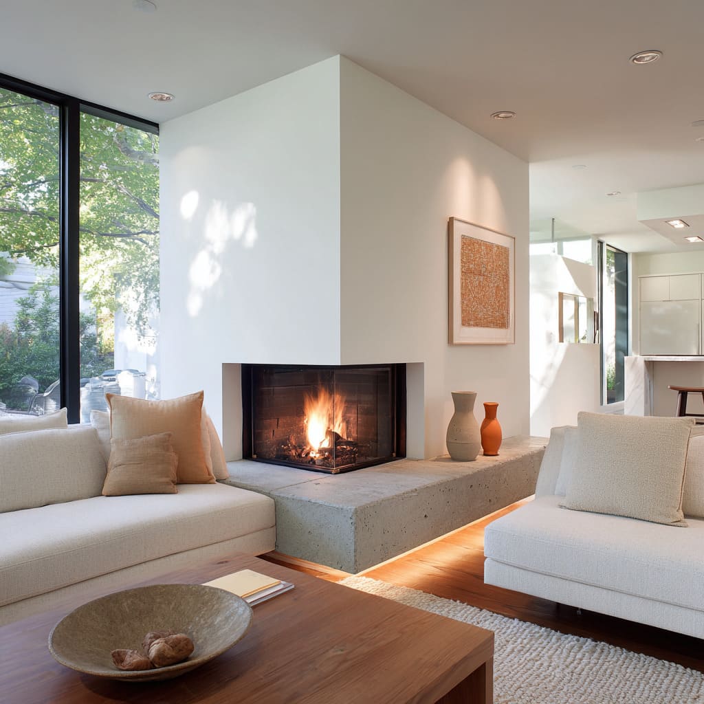 Bright white volume over a thick concrete plinth in an open plan