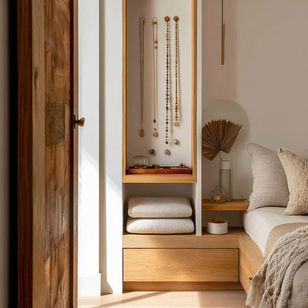 Concepto de nicho para joyería empotrado con collares colgando, cubículo de lino, repisa pequeña y colgante de latón junto al cabecero Concepto de nicho para joyería empotrado con collares colgando, cubículo de lino, repisa pequeña y colgante de latón junto al cabecero