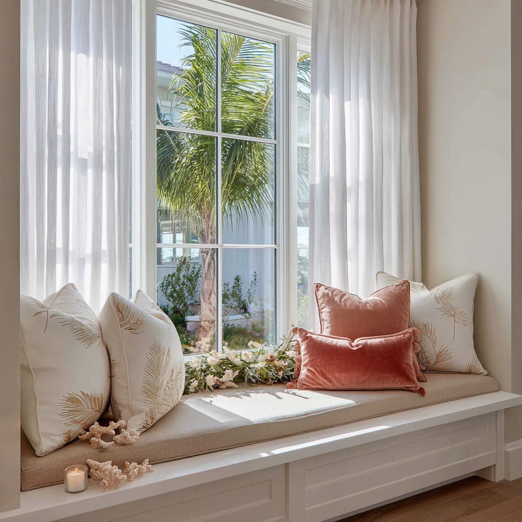 Banco de ventana integrado decorado con guirnalda floral en marfil y cojines de terciopelo coral y lino. Banco de ventana integrado decorado con guirnalda floral en marfil y cojines de terciopelo coral y lino.
