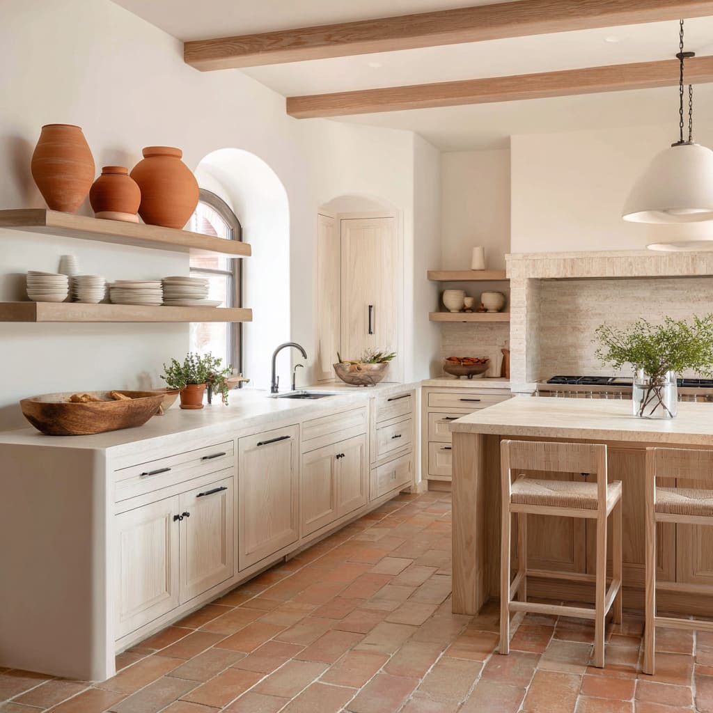 Diseño sereno de cocina blanca y terracota con inspiración española, baldosas estrechas e irregulares en arcilla para el suelo y muebles enmarcados en madera clara Diseño sereno de cocina blanca y terracota con inspiración española, baldosas estrechas e irregulares en arcilla para el suelo y muebles enmarcados en madera clara