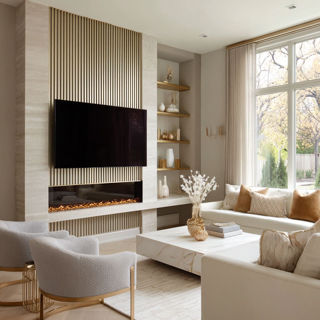 Calm limestone living room design with champagne ribbed fireplace wall, silver travertine bench, boucle seating Calm limestone living room design with champagne ribbed fireplace wall, silver travertine bench, boucle seating