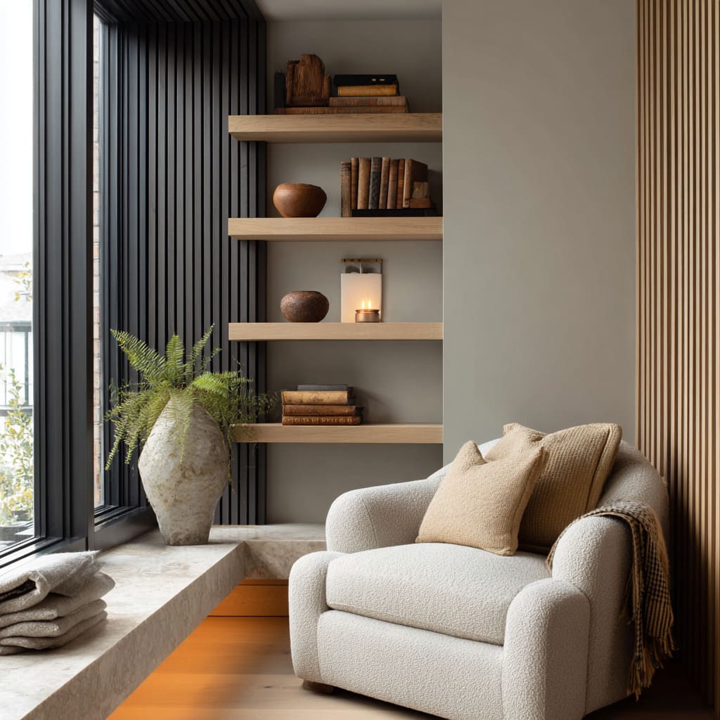 Calm living room corner design with pale-oak floating shelves, travertine ledge glow Calm living room corner design with pale-oak floating shelves, travertine ledge glow