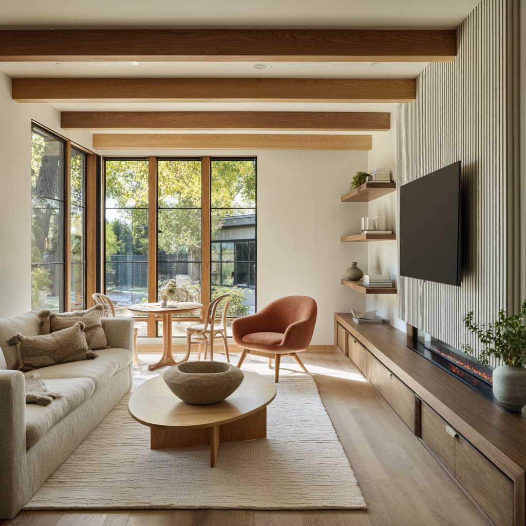 Calm oat-toned living room design with long low fireplace, vertical slat wall, light beams, terracotta chair, and simple styling Calm oat-toned living room design with long low fireplace, vertical slat wall, light beams, terracotta chair, and simple styling