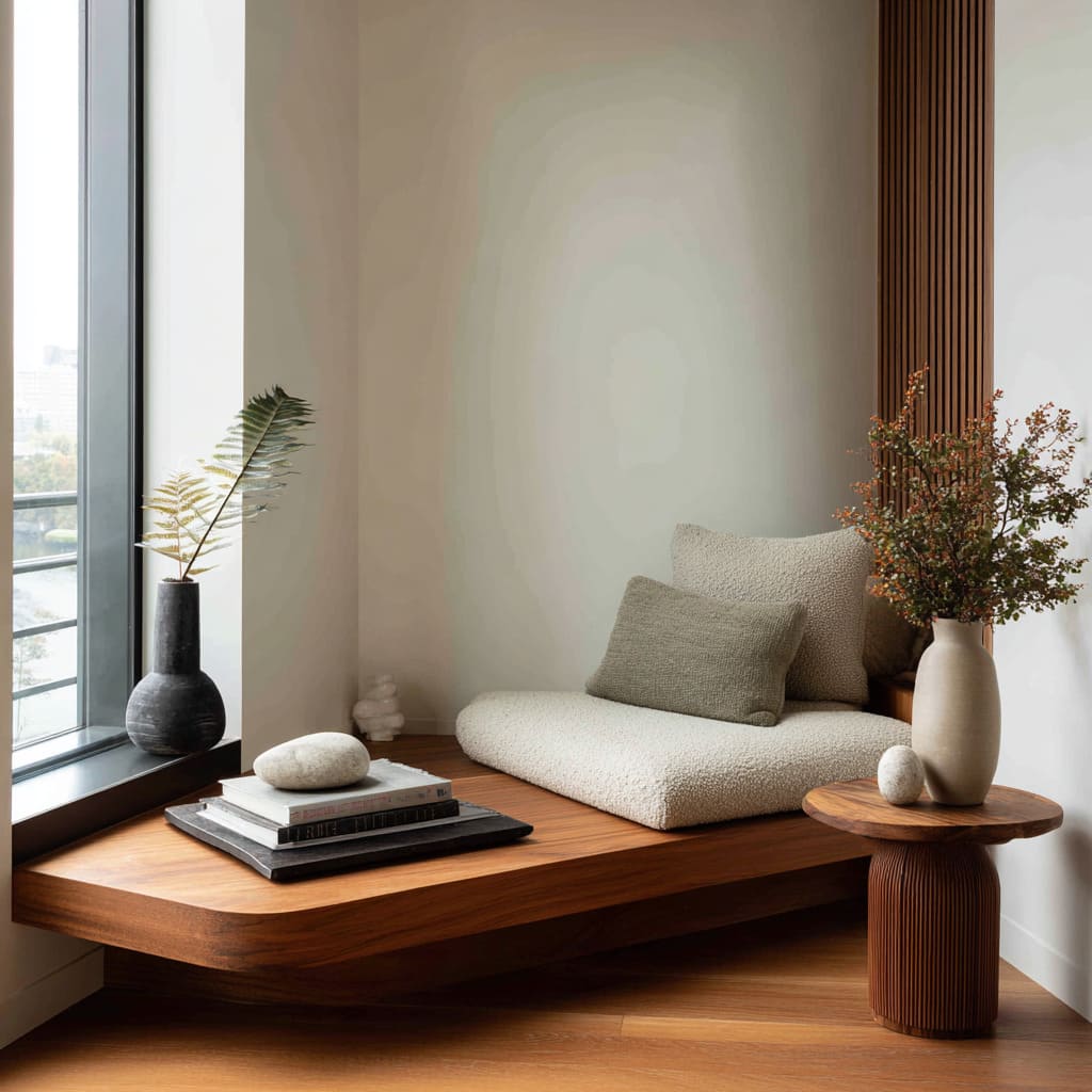 Chamfered wood bench design at window, boucle pad, stacked books with stone, ribbed side panel, round table Chamfered wood bench design at window, boucle pad, stacked books with stone, ribbed side panel, round table