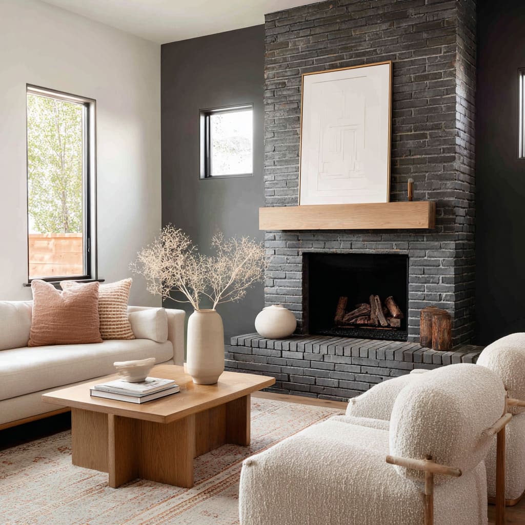 Ideas de chimenea en carbón con acentos en madera clara y un estilo contemporáneo definido. Ideas de chimenea en carbón con acentos en madera clara y un estilo contemporáneo definido.