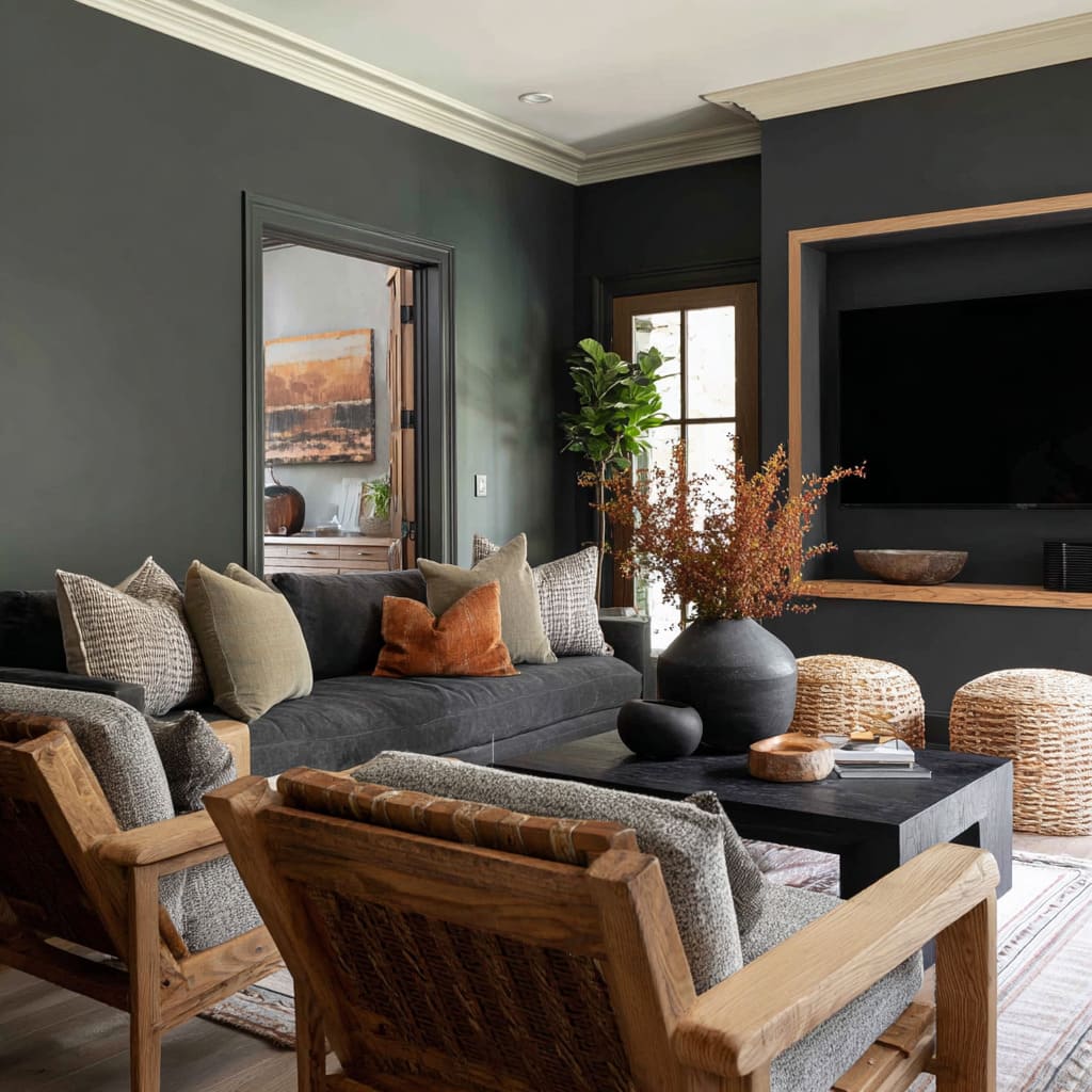 Charcoal Walls With Warm Timber Frames, Plush Seating, and Layered Boho Accents Charcoal Walls With Warm Timber Frames, Plush Seating, and Layered Boho Accents