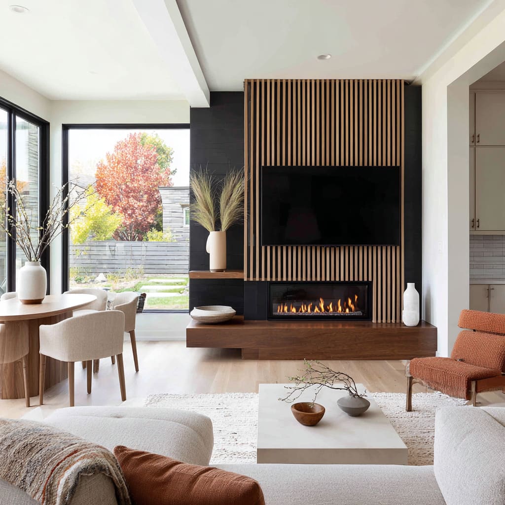Charcoal back panel with oak slats, walnut bench, rust chairs, pale rug, and leafy branches Charcoal back panel with oak slats, walnut bench, rust chairs, pale rug, and leafy branches