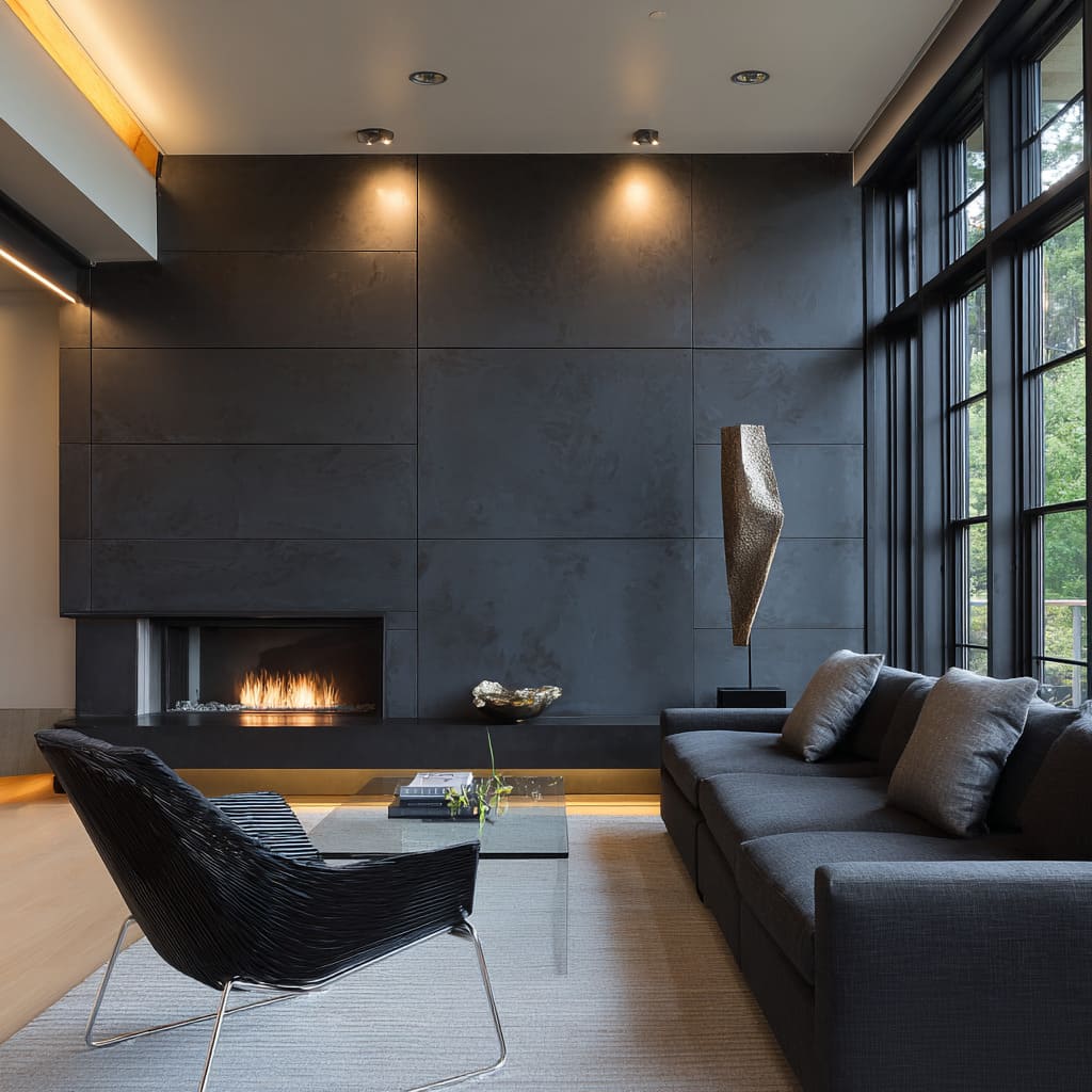 Charcoal concrete-panel wall concept with warm spotlighting, sculptural metal artwork, linear fireplace Charcoal concrete-panel wall concept with warm spotlighting, sculptural metal artwork, linear fireplace