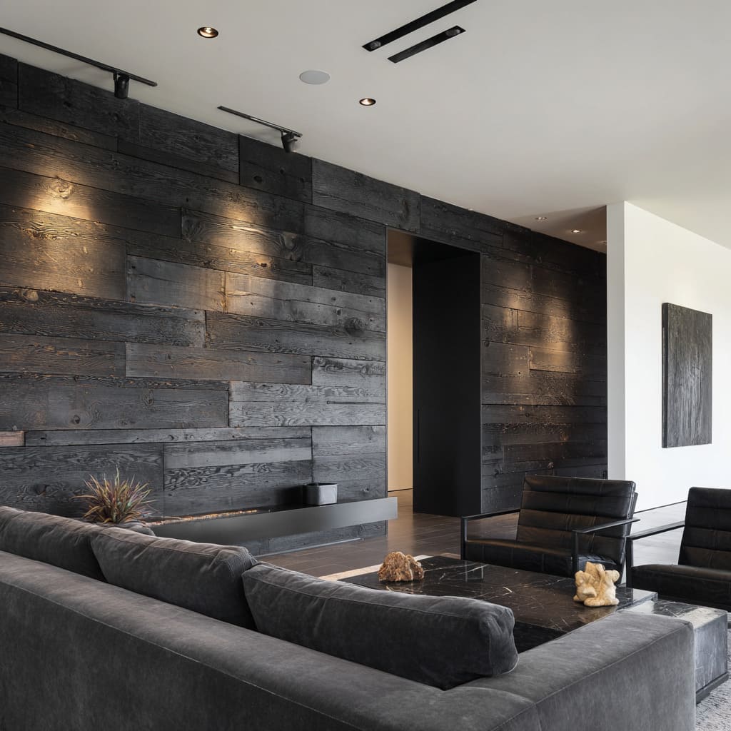 Charred timber plank wall design with raw grain texture, selective gallery lighting, dark platform ledge Charred timber plank wall design with raw grain texture, selective gallery lighting, dark platform ledge