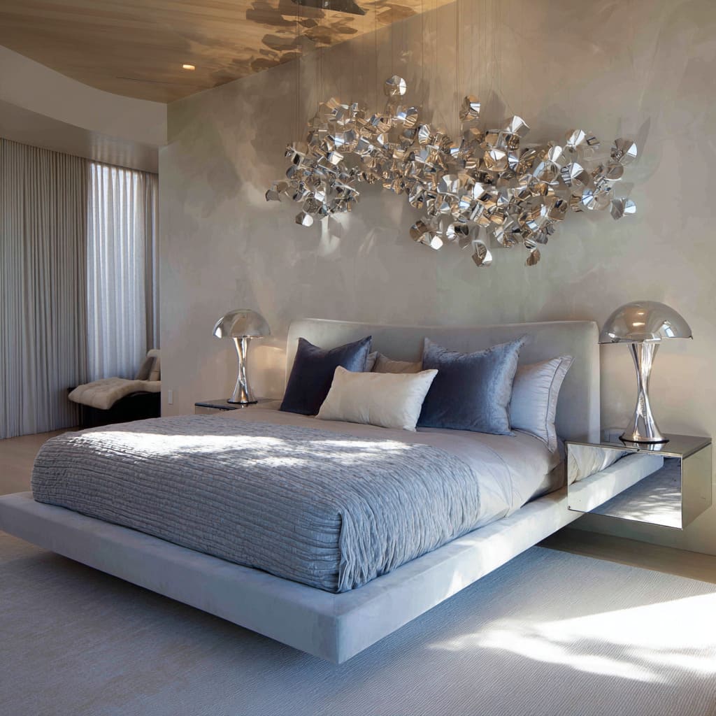 Chrome-accent blue bedroom decorating ideas with floating bed, mirrored ledges, and sculptural silver light fixture